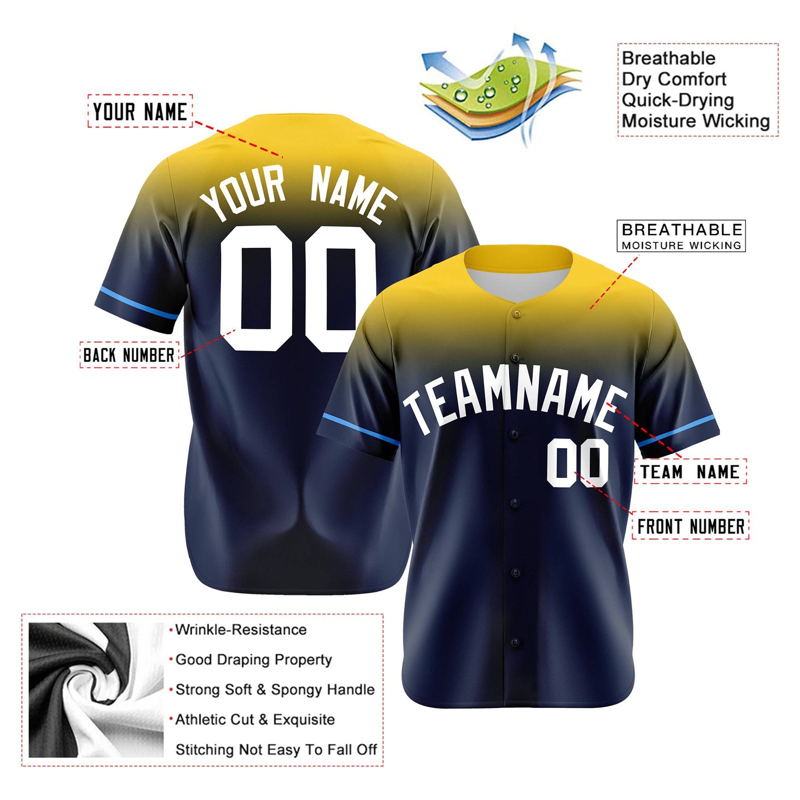 Custom Navy Gold Gradient Fashion Design Authentic Baseball Jersey