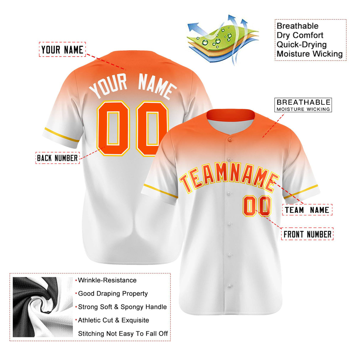 Custom White Orange Gradient Fashion Design Authentic Baseball Jersey