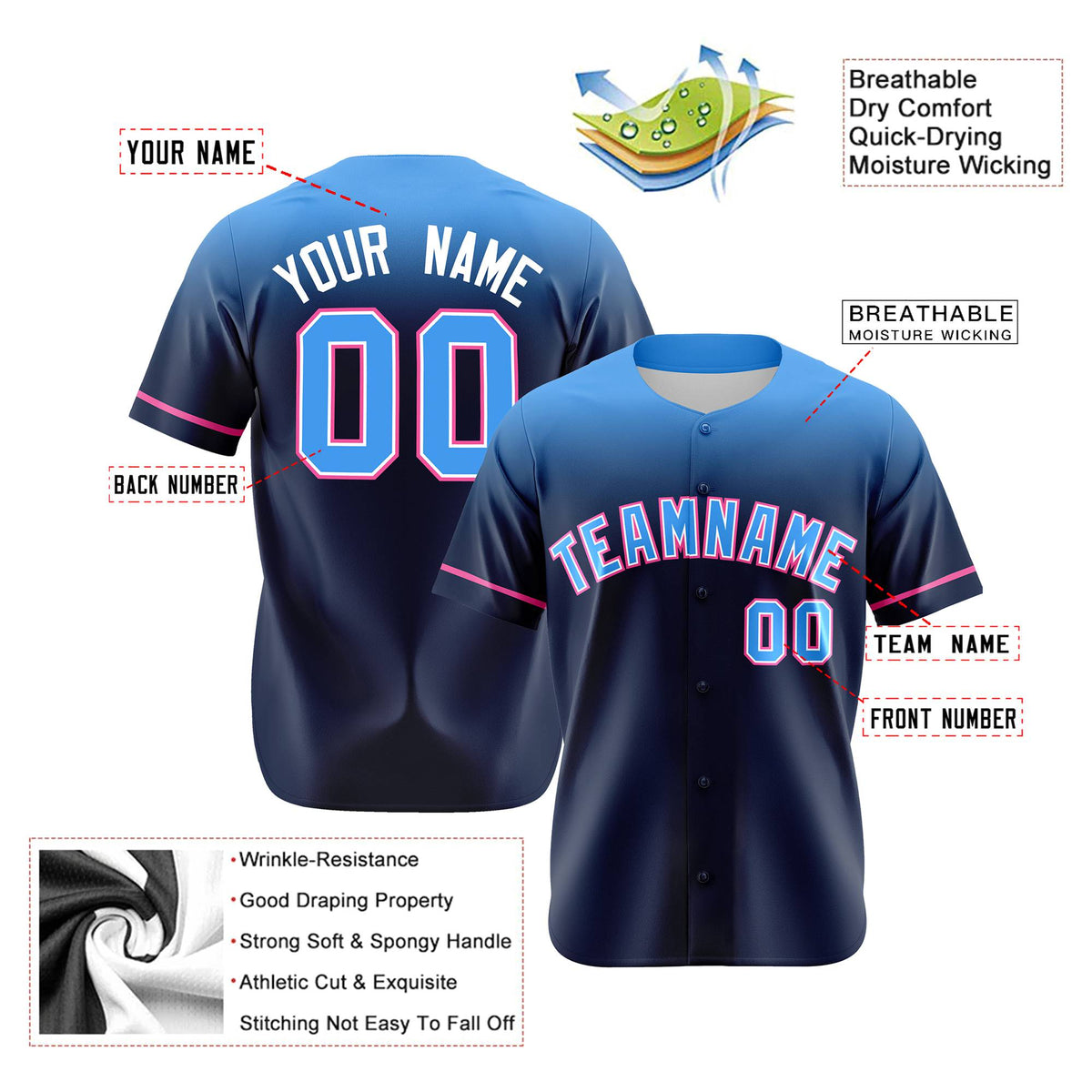 Custom Navy Powder Blue Gradient Fashion Design Authentic Baseball Jersey