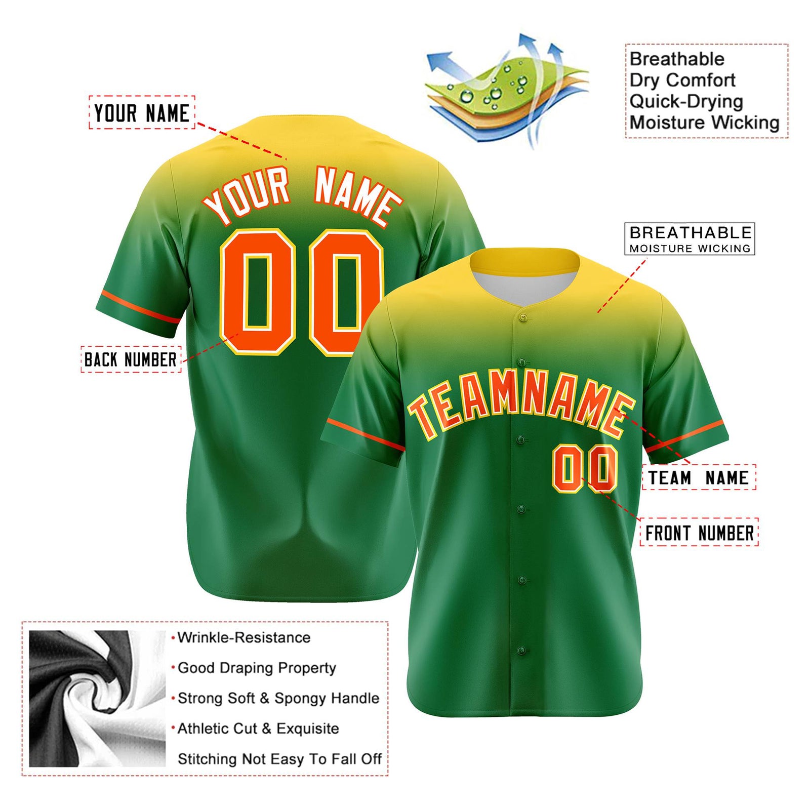Custom Kelly Green Yellow Gradient Fashion Design Authentic Baseball Jersey