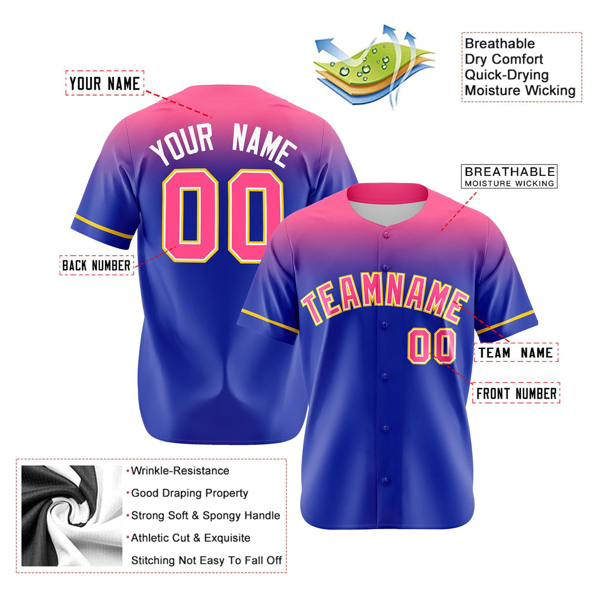 Custom Royal Blue Pink Gradient Fashion Design Authentic Baseball Jersey