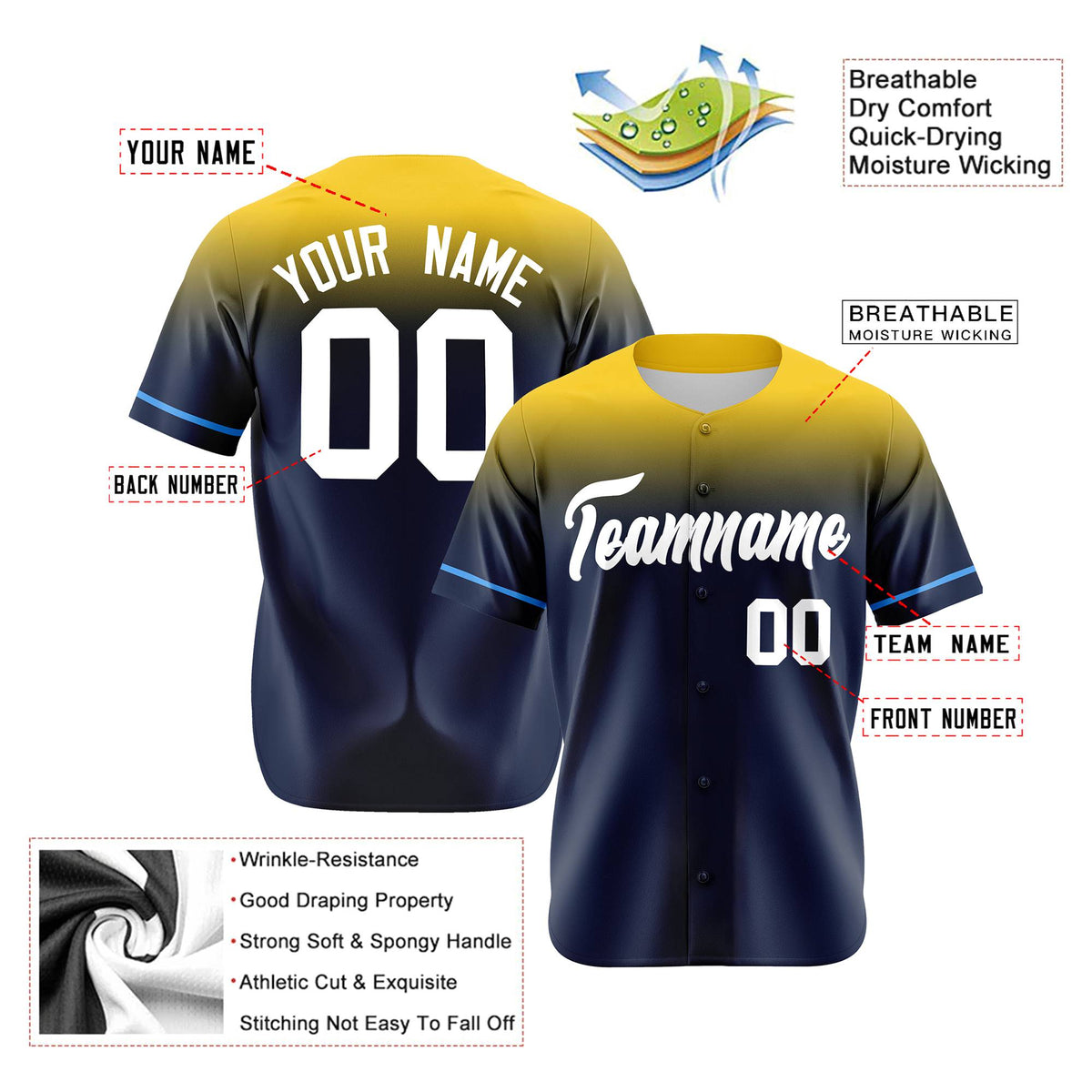 Custom Navy Gold Gradient Fashion Design Authentic Baseball Jersey