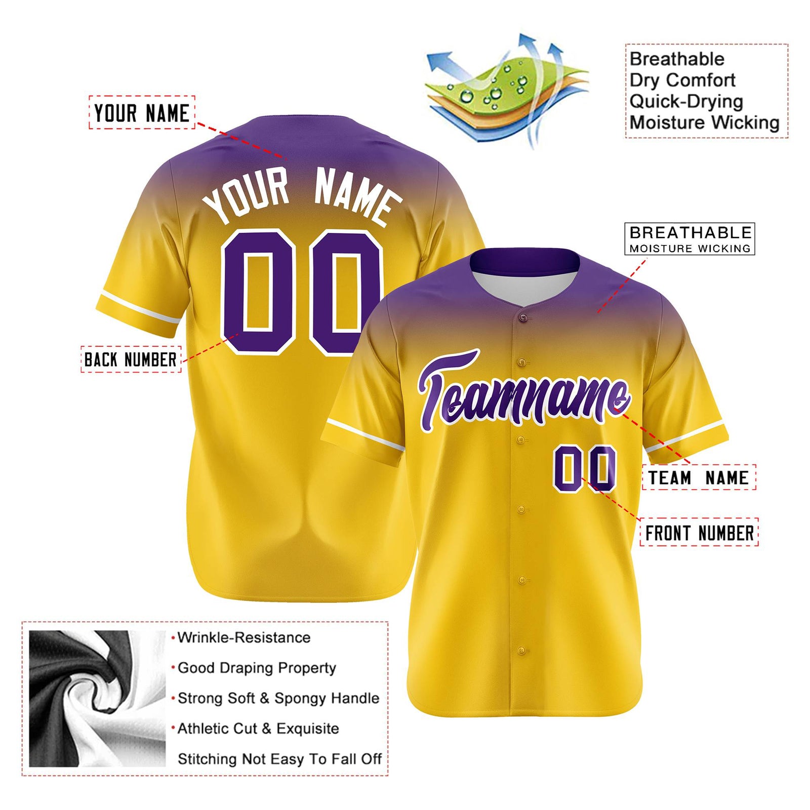 Custom Yellow Purple Gradient Fashion Design Authentic Baseball Jersey