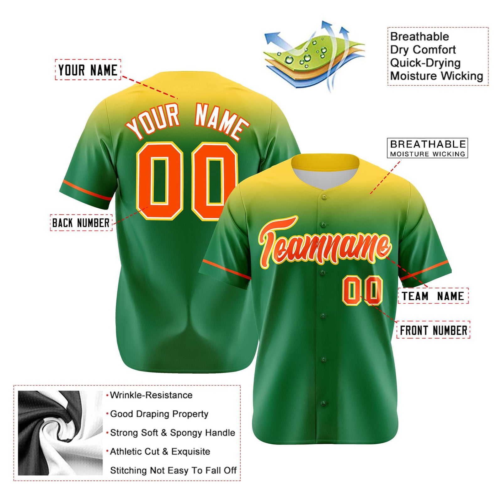Custom Kelly Green Yellow Gradient Fashion Design Authentic Baseball Jersey