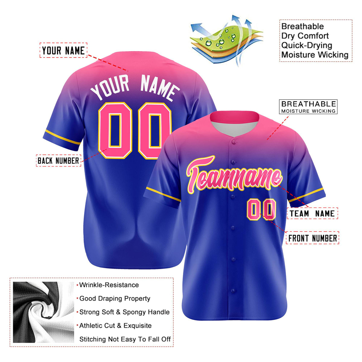 Custom Royal Blue Pink Gradient Fashion Design Authentic Baseball Jersey