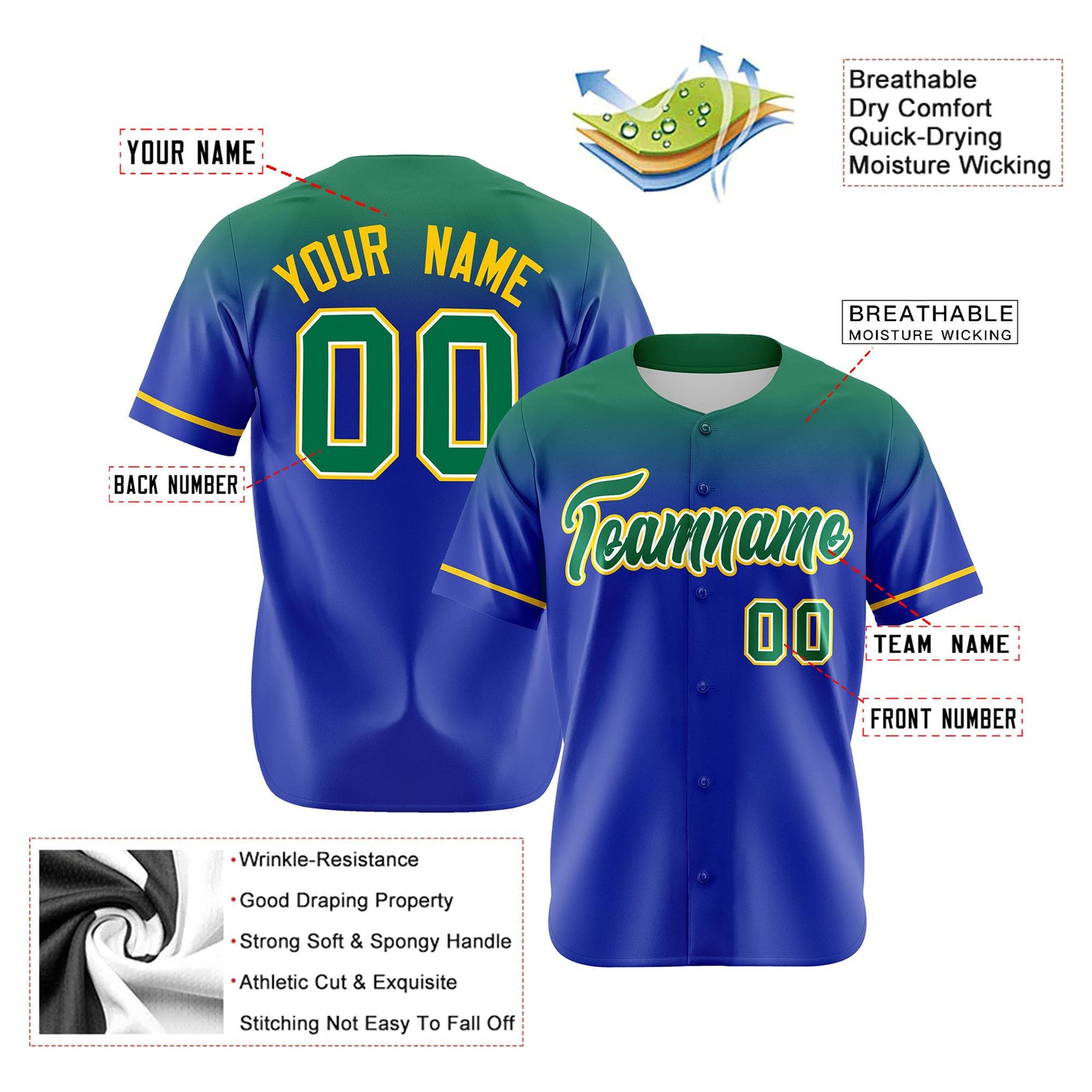 Custom Royal Blue Kelly Green Gradient Fashion Design Authentic Baseball Jersey