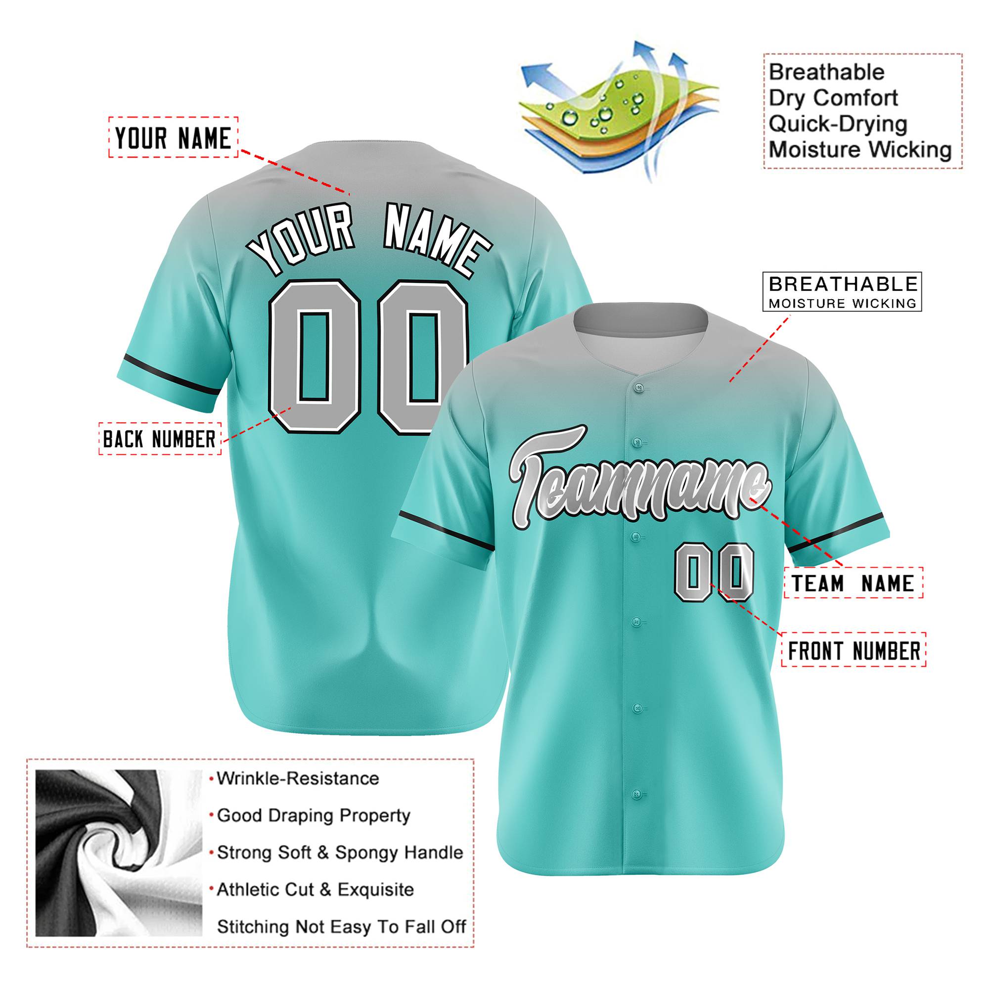 Custom Aqua Gray Gradient Fashion Design Authentic Baseball Jersey