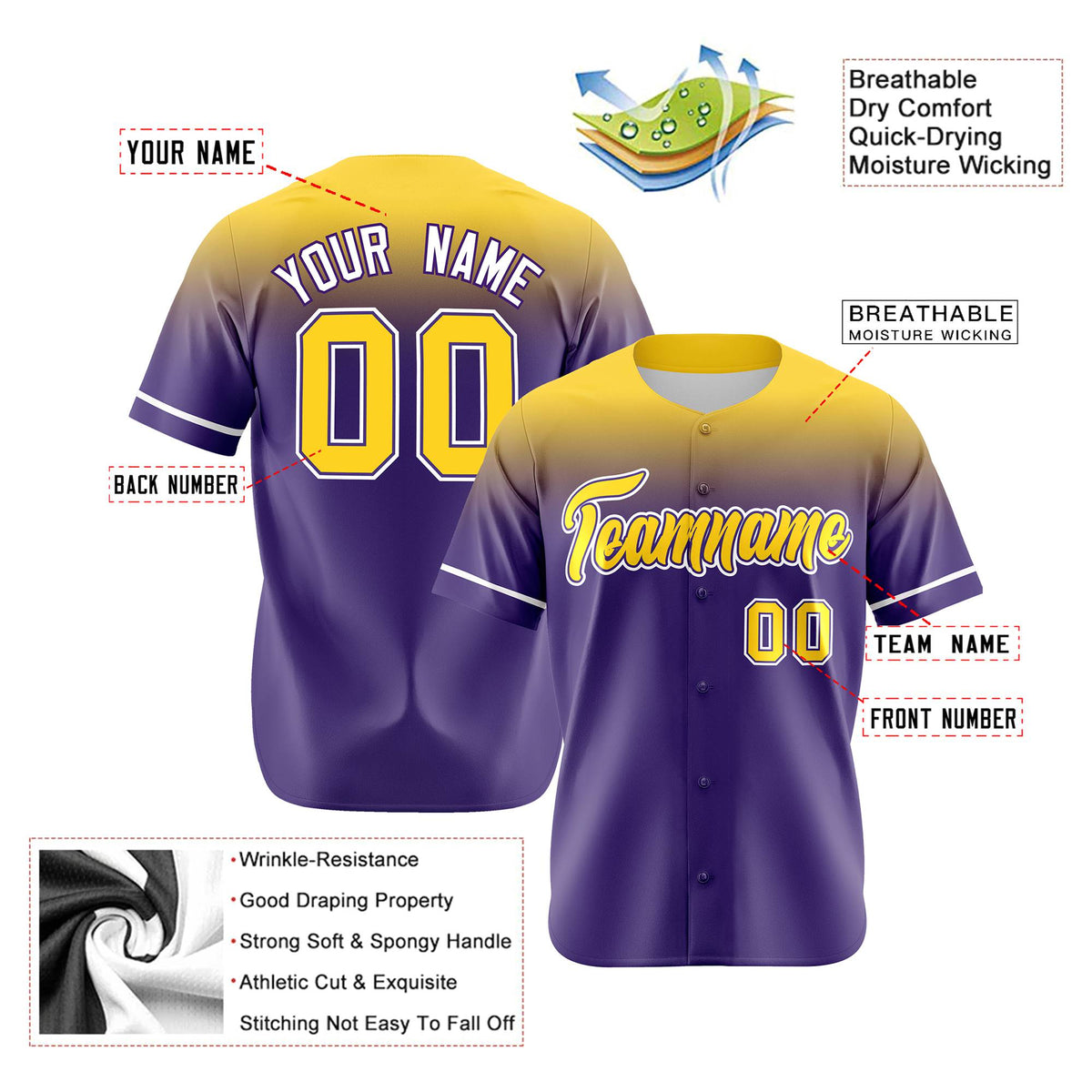 Custom Purple Yellow Gradient Fashion Design Authentic Baseball Jersey