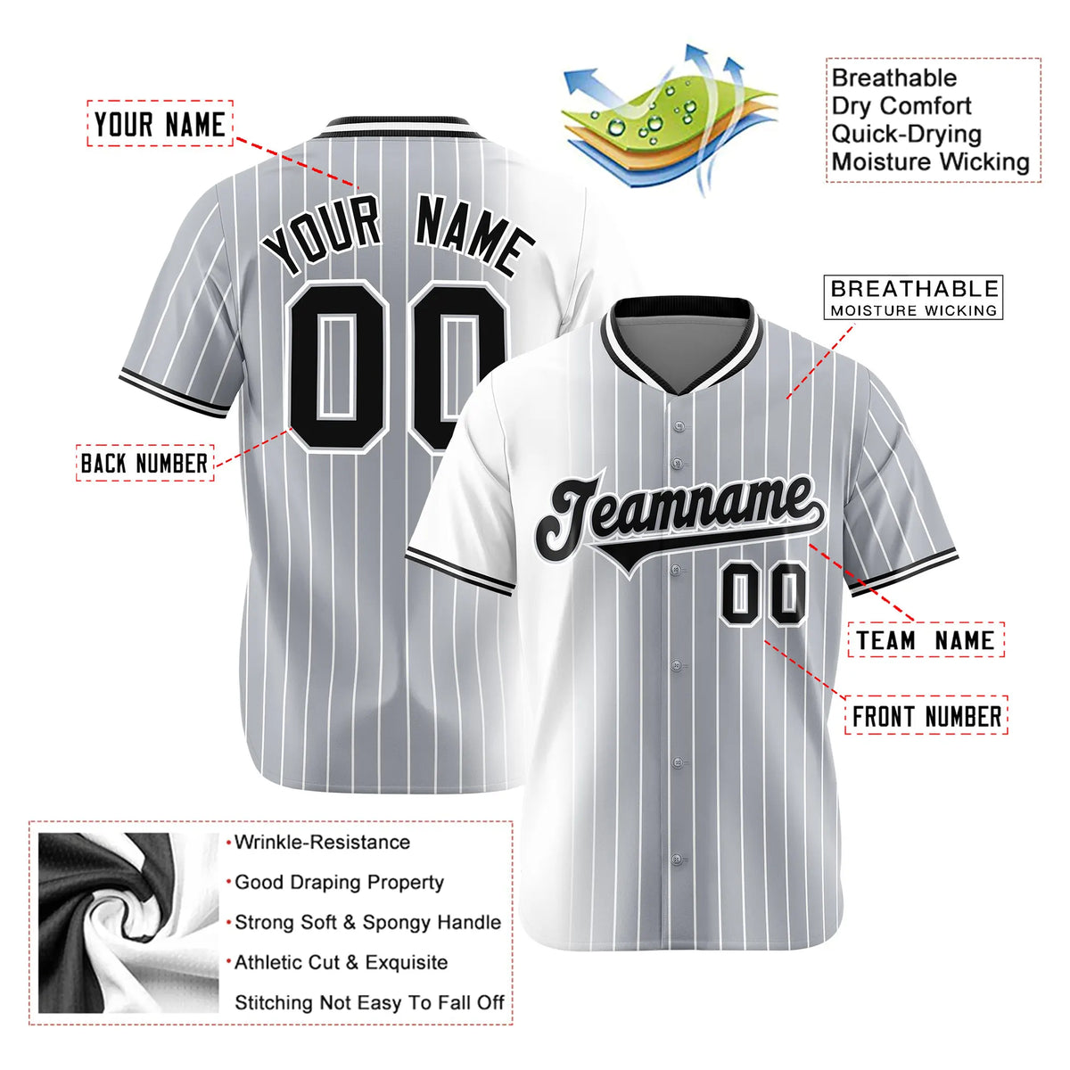 Custom White Gray Pinstripe Black Authentic Baseball Jersey