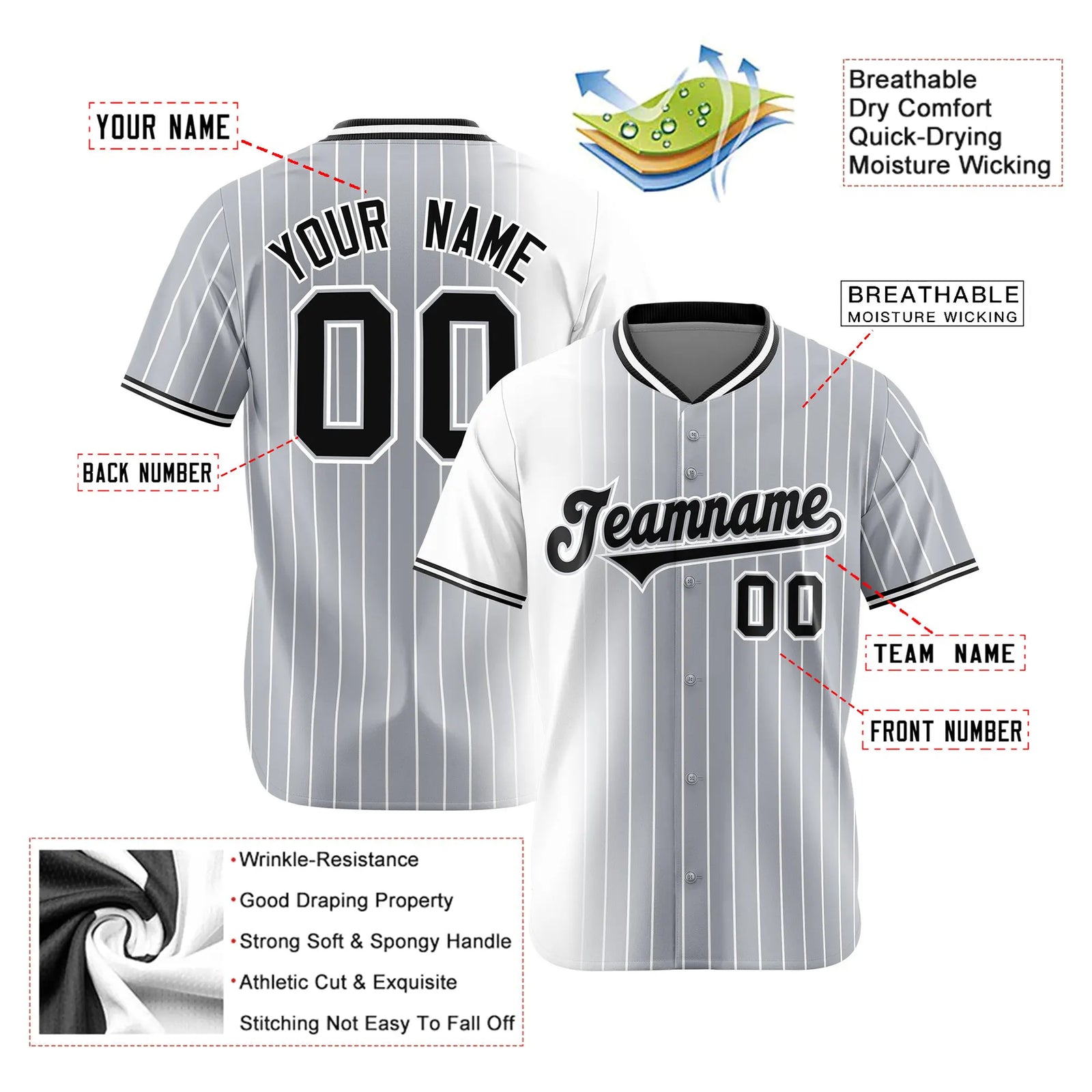 Custom White Gray Pinstripe Black Authentic Baseball Jersey