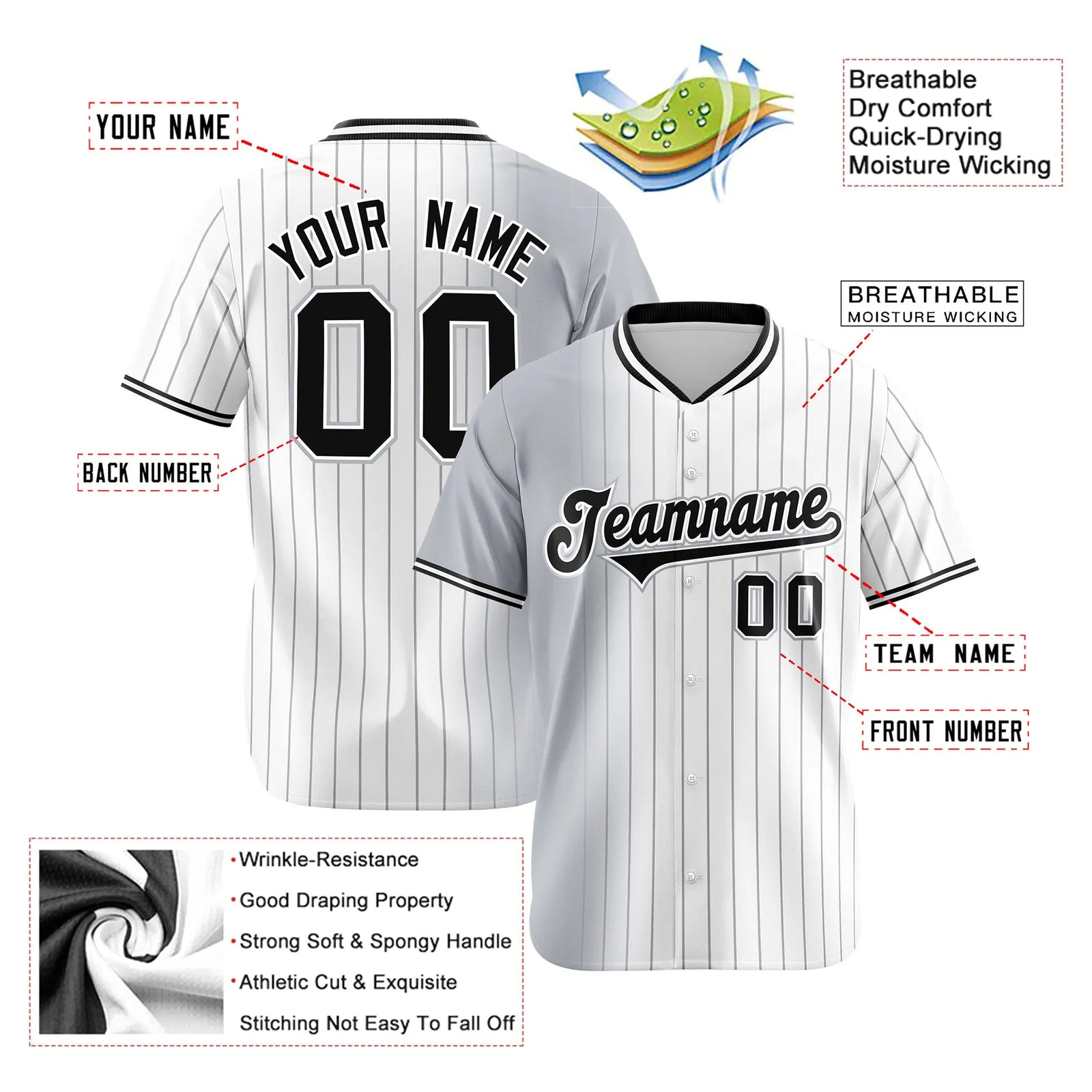 Custom Gray White Pinstripe Black Authentic Baseball Jersey