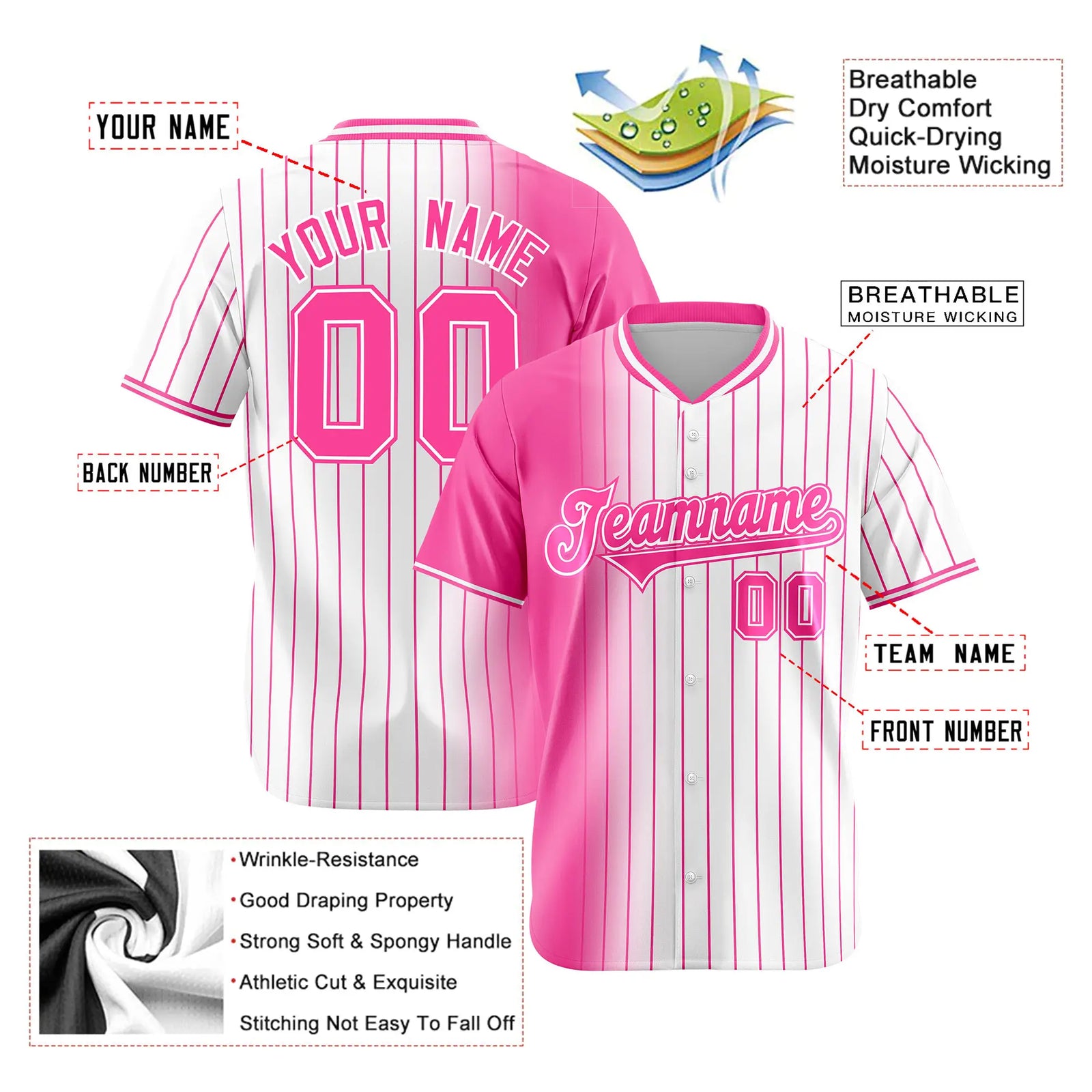 Custom Pink White Pinstripe Pink Authentic Baseball Jersey