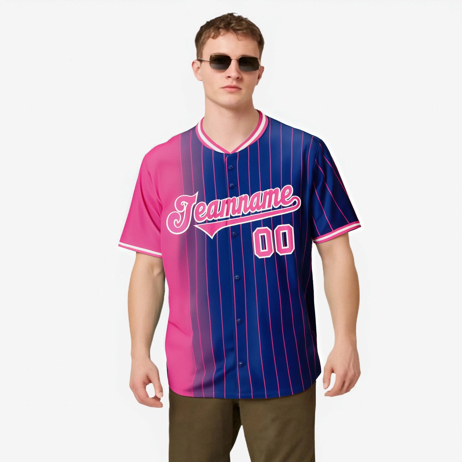 Custom Pink Blue Pinstripe Pink Authentic Baseball Jersey