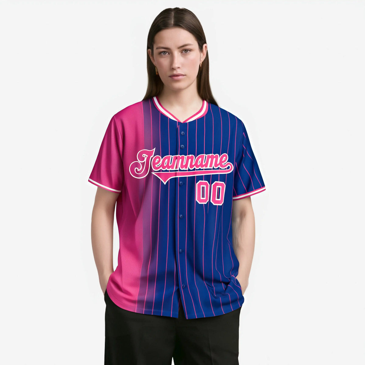 Custom Pink Blue Pinstripe Pink Authentic Baseball Jersey