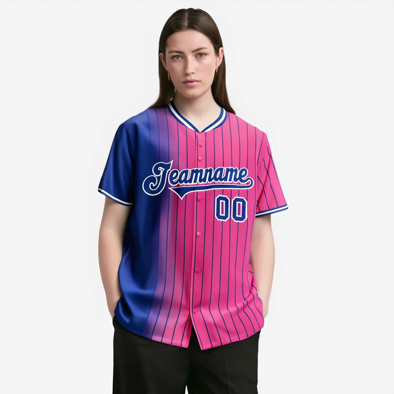 Custom Blue Pink Pinstripe Blue Authentic Baseball Jersey