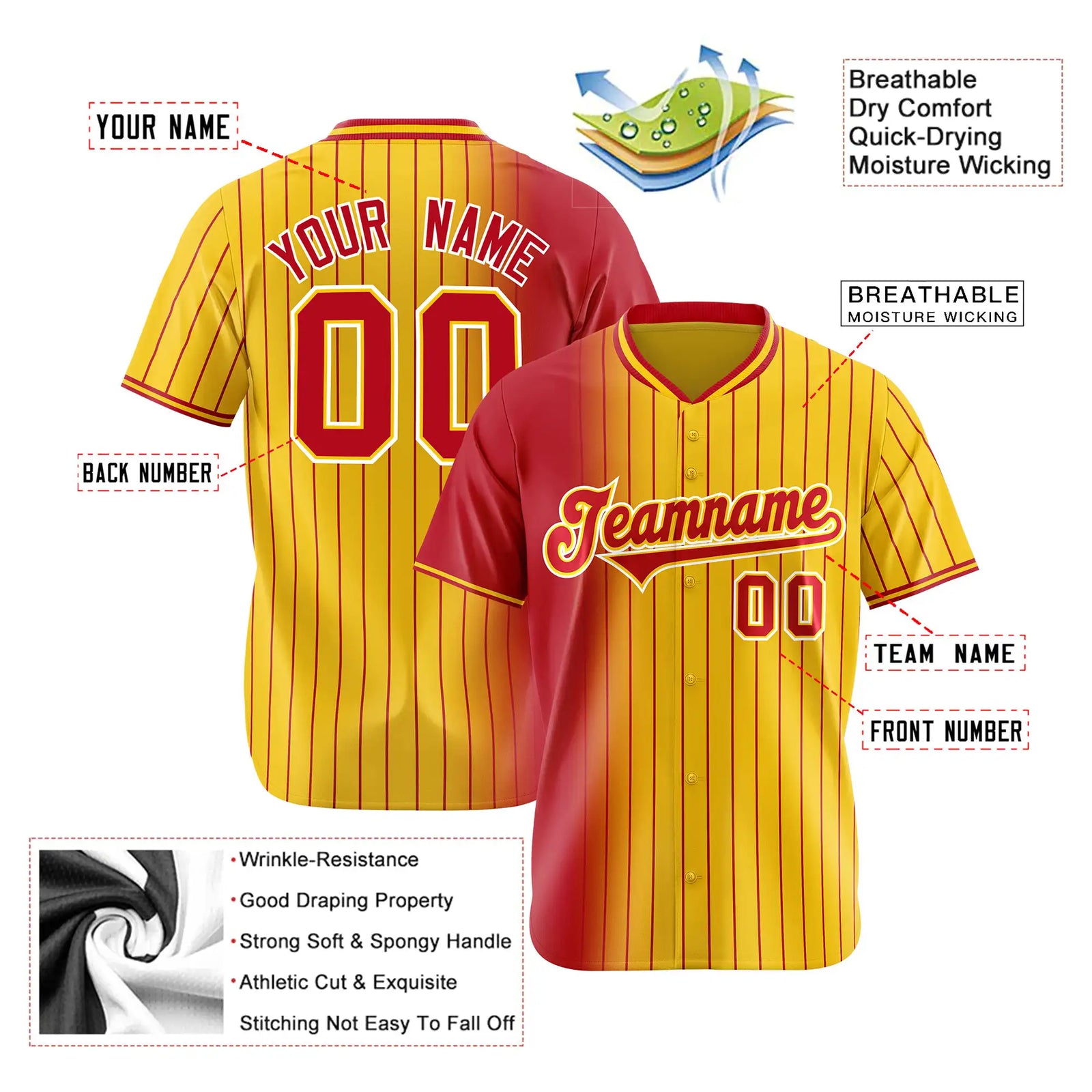 Custom Red Yellow Pinstripe Red Authentic Baseball Jersey