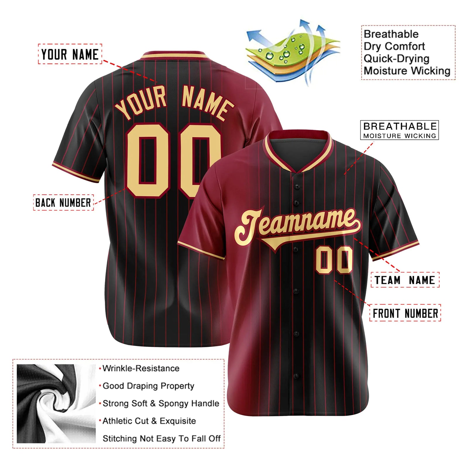Custom Crimson Black Pinstripe Old-Gold Authentic Baseball Jersey