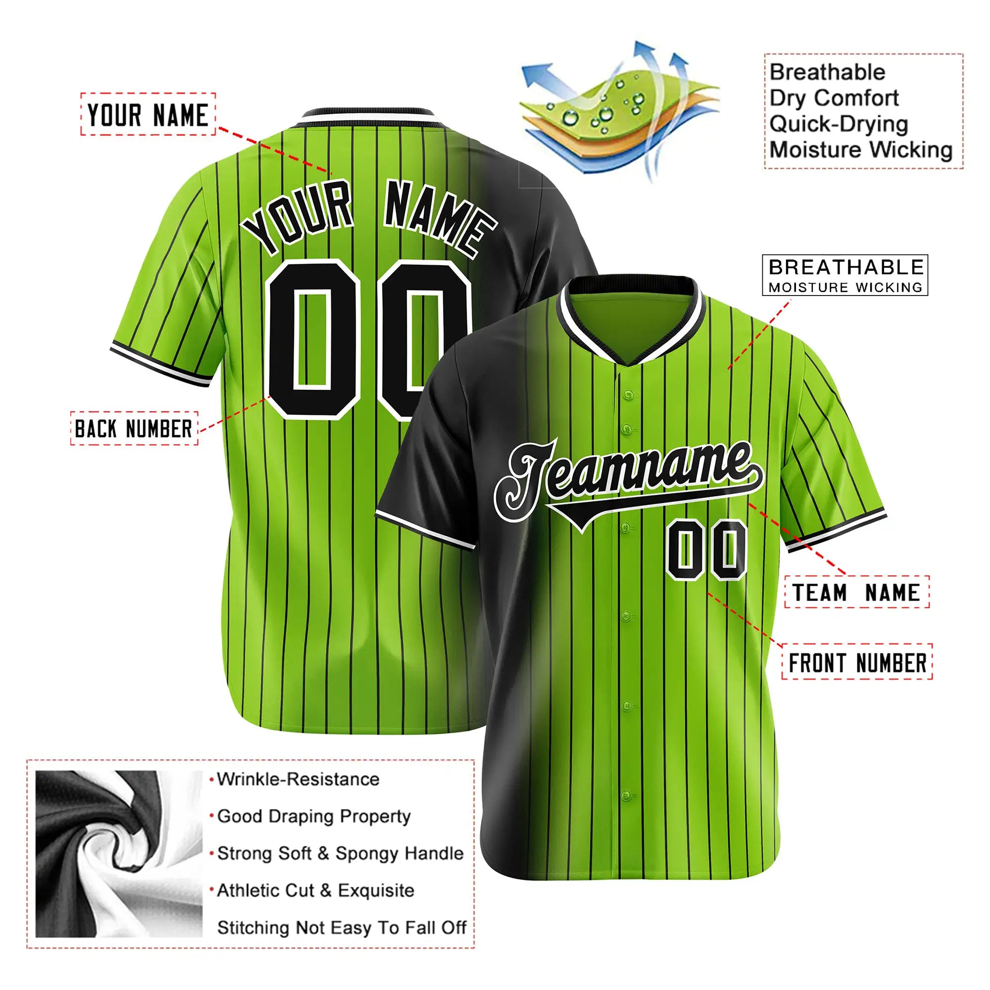 Custom Black Neon-Green Pinstripe Black Authentic Baseball Jersey