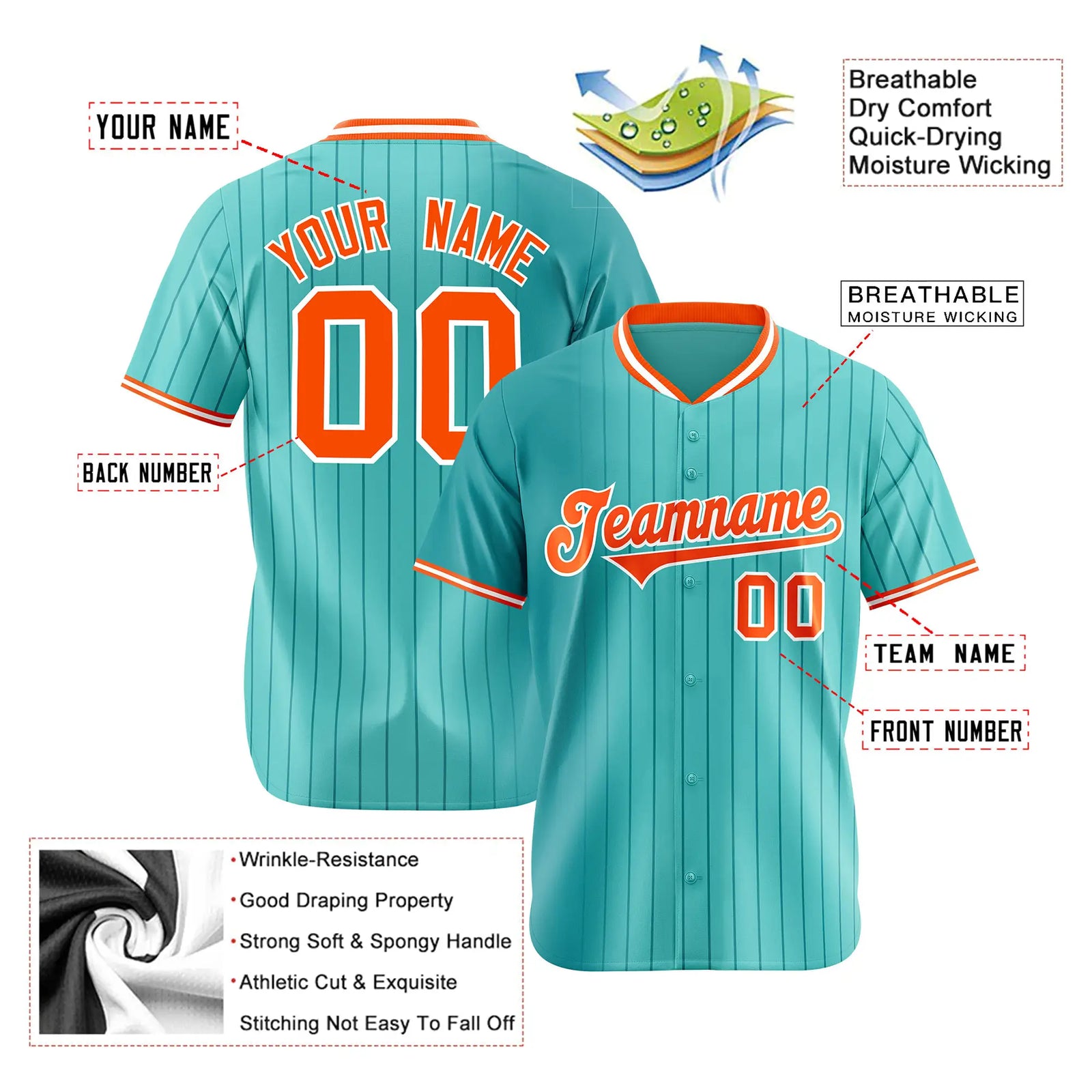 Custom Light-Blue Pinstripe Orange Authentic Baseball Jersey