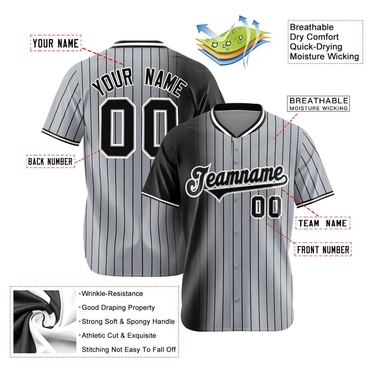 Custom Black Gray Pinstripe Black Authentic Baseball Jersey