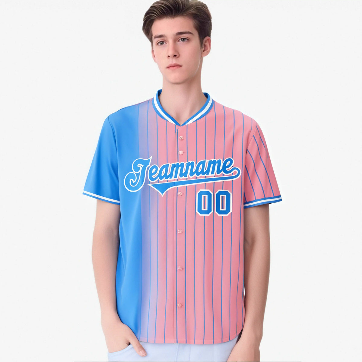 Custom Blue Pink Pinstripe Blue Authentic Baseball Jersey