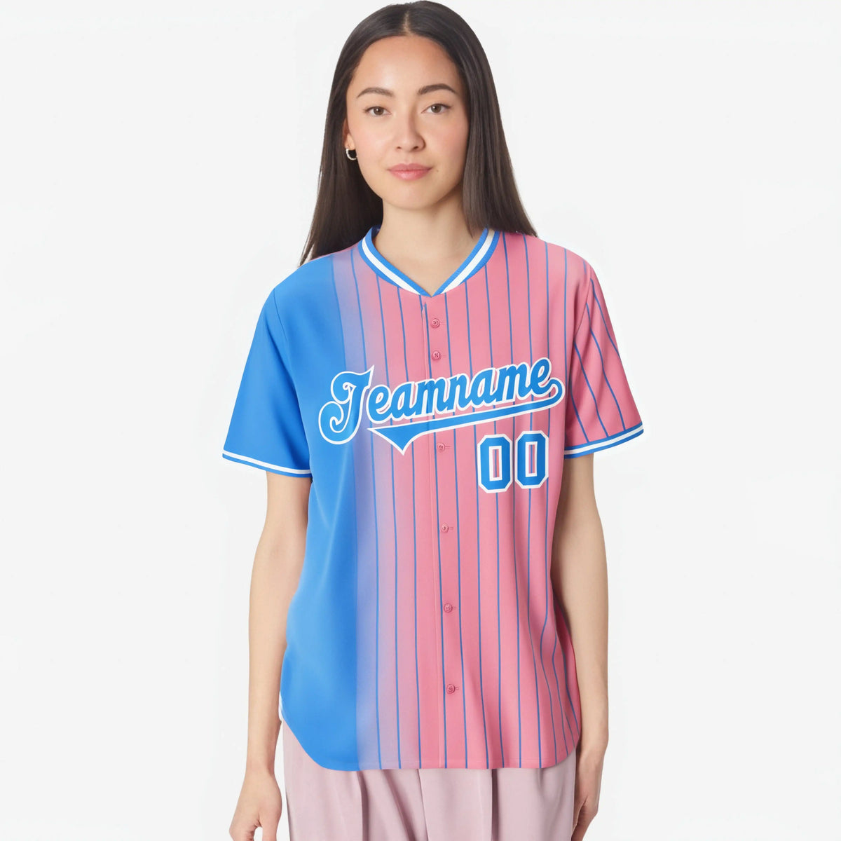 Custom Blue Pink Pinstripe Blue Authentic Baseball Jersey