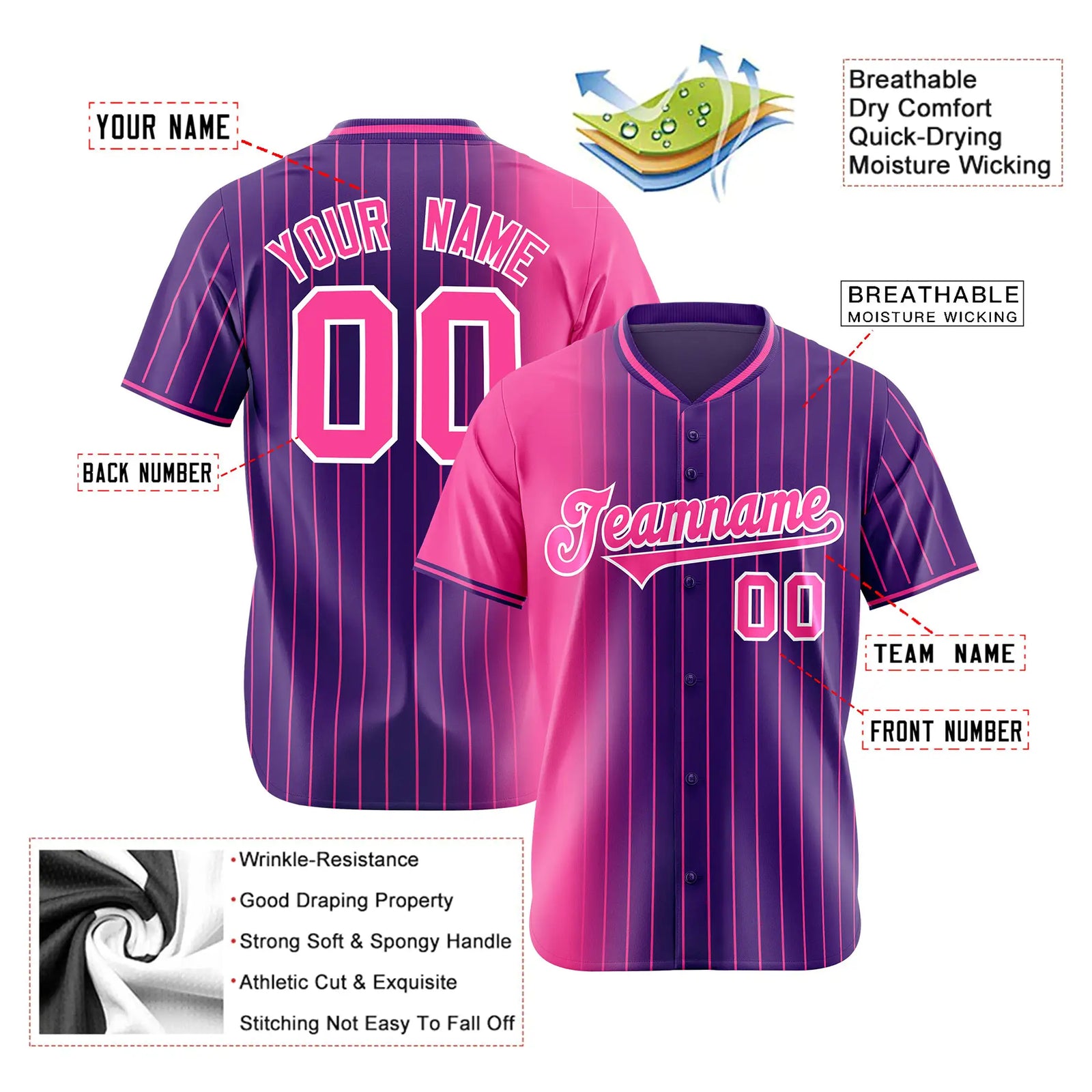 Custom Pink Purple Pinstripe Pink Authentic Baseball Jersey