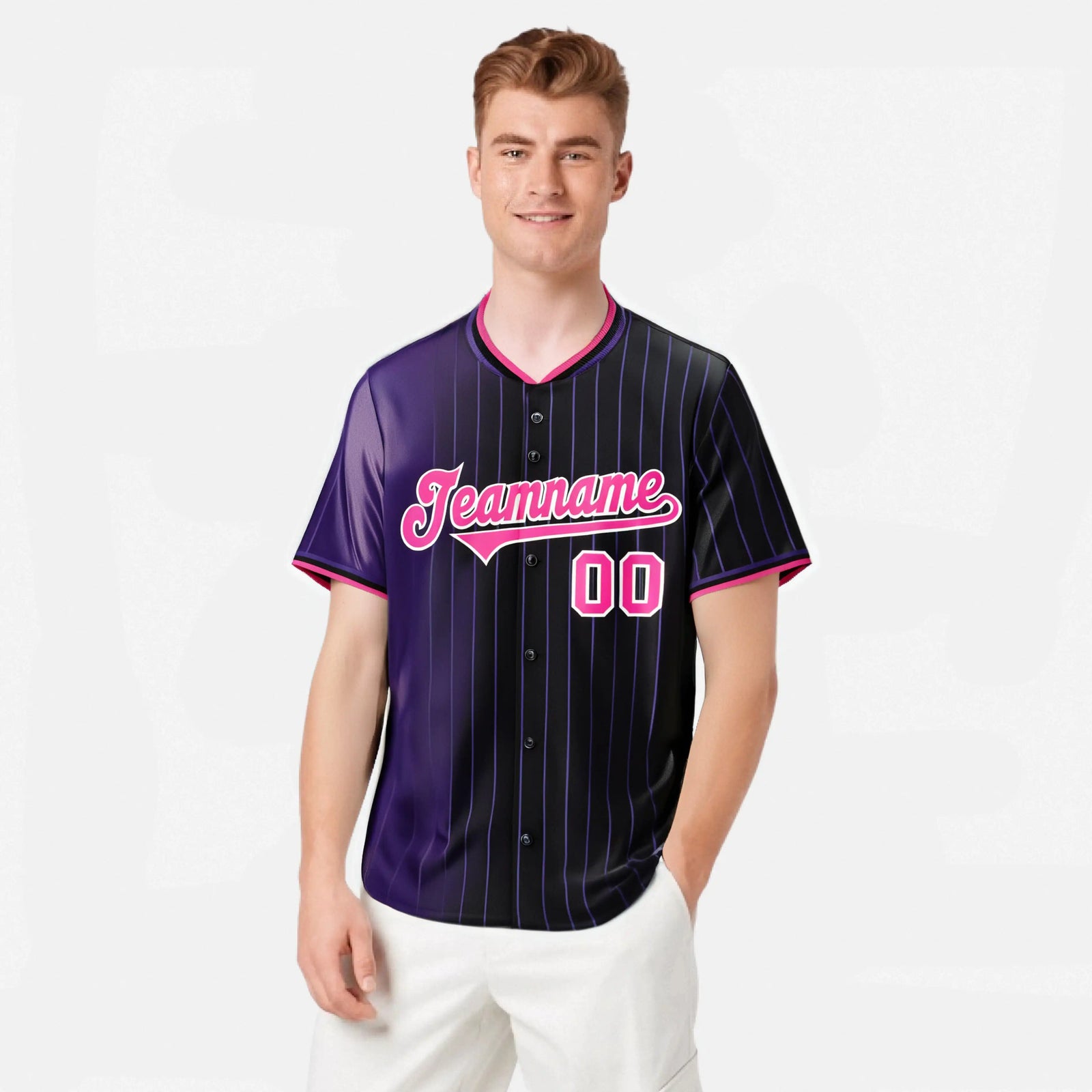 Custom Purple Black Pinstripe Pink Authentic Baseball Jersey