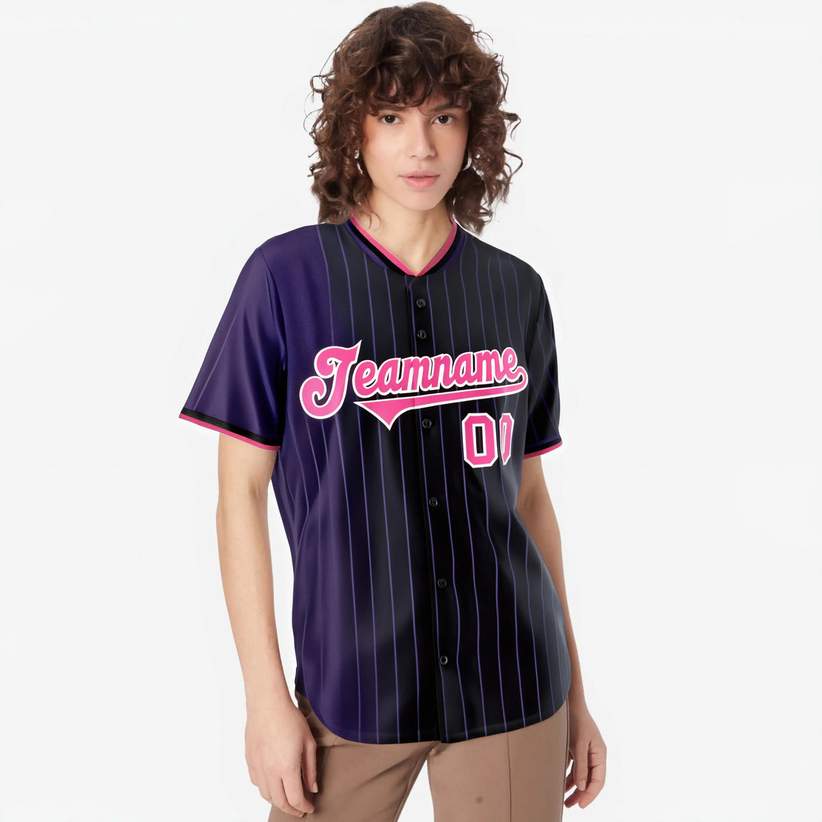 Custom Purple Black Pinstripe Pink Authentic Baseball Jersey
