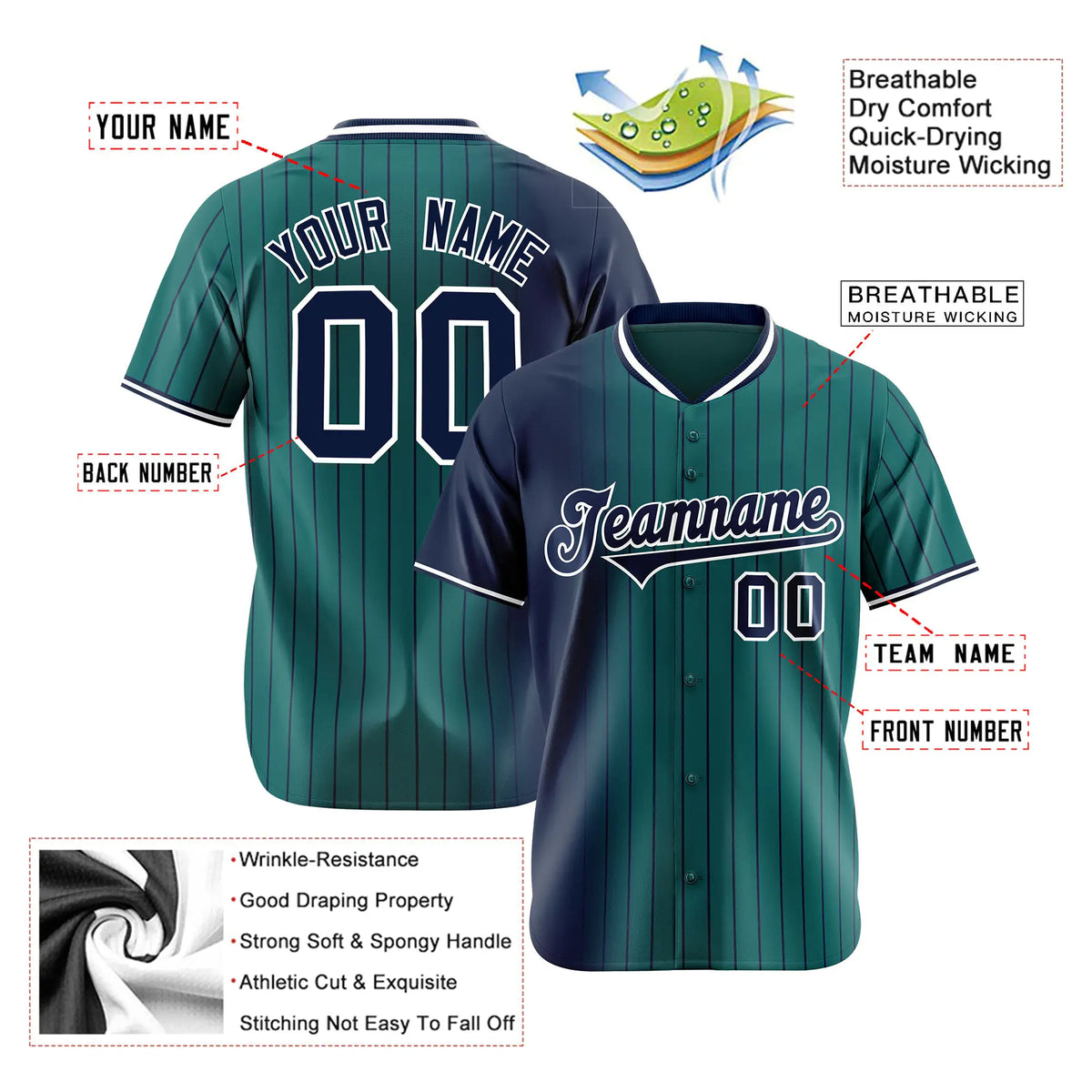 Custom Navy Midnight-Green Pinstripe Navy Authentic Baseball Jersey