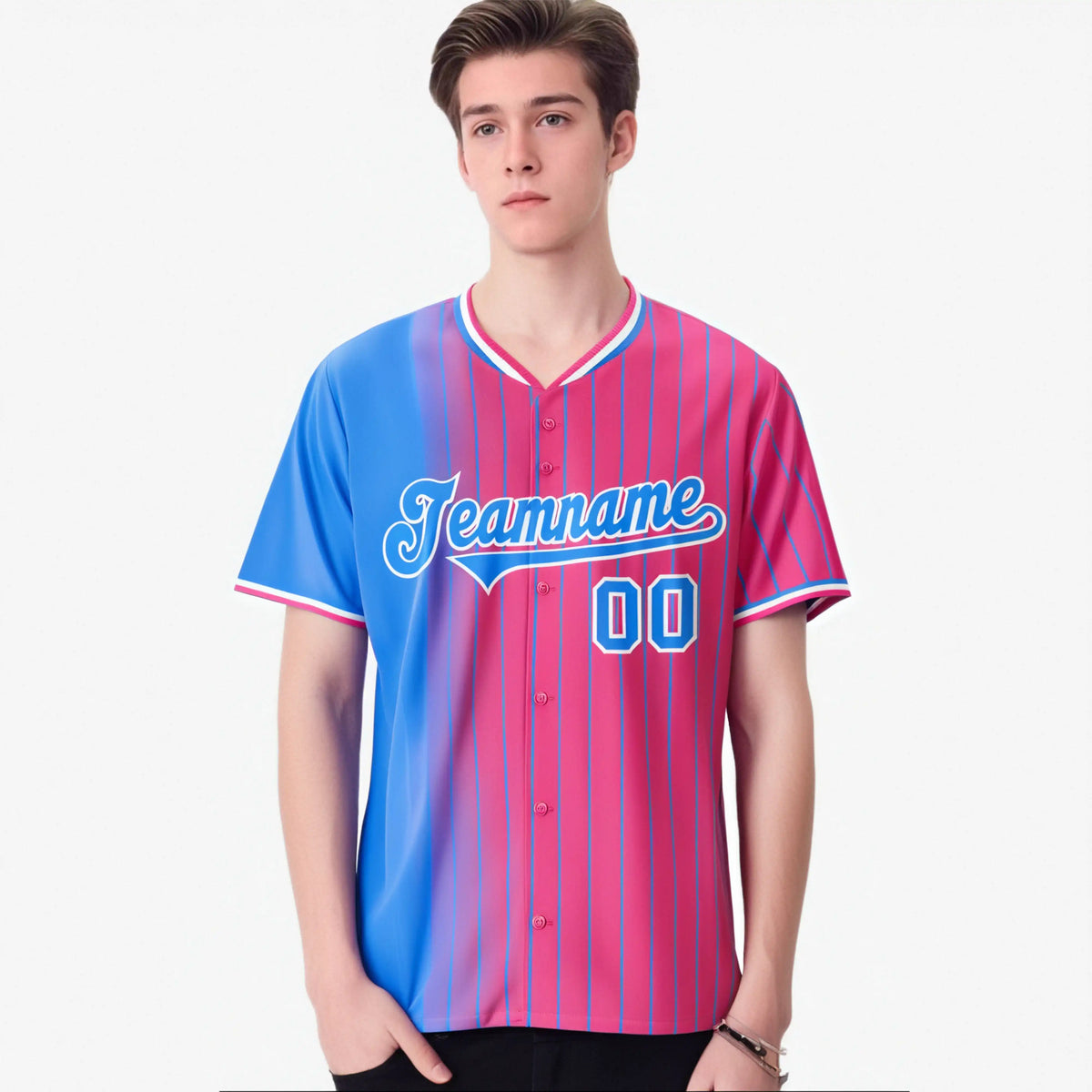 Custom Blue Pink Pinstripe Blue Authentic Baseball Jersey