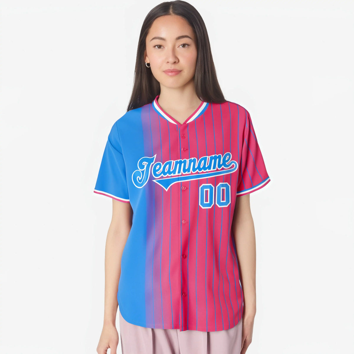 Custom Blue Pink Pinstripe Blue Authentic Baseball Jersey