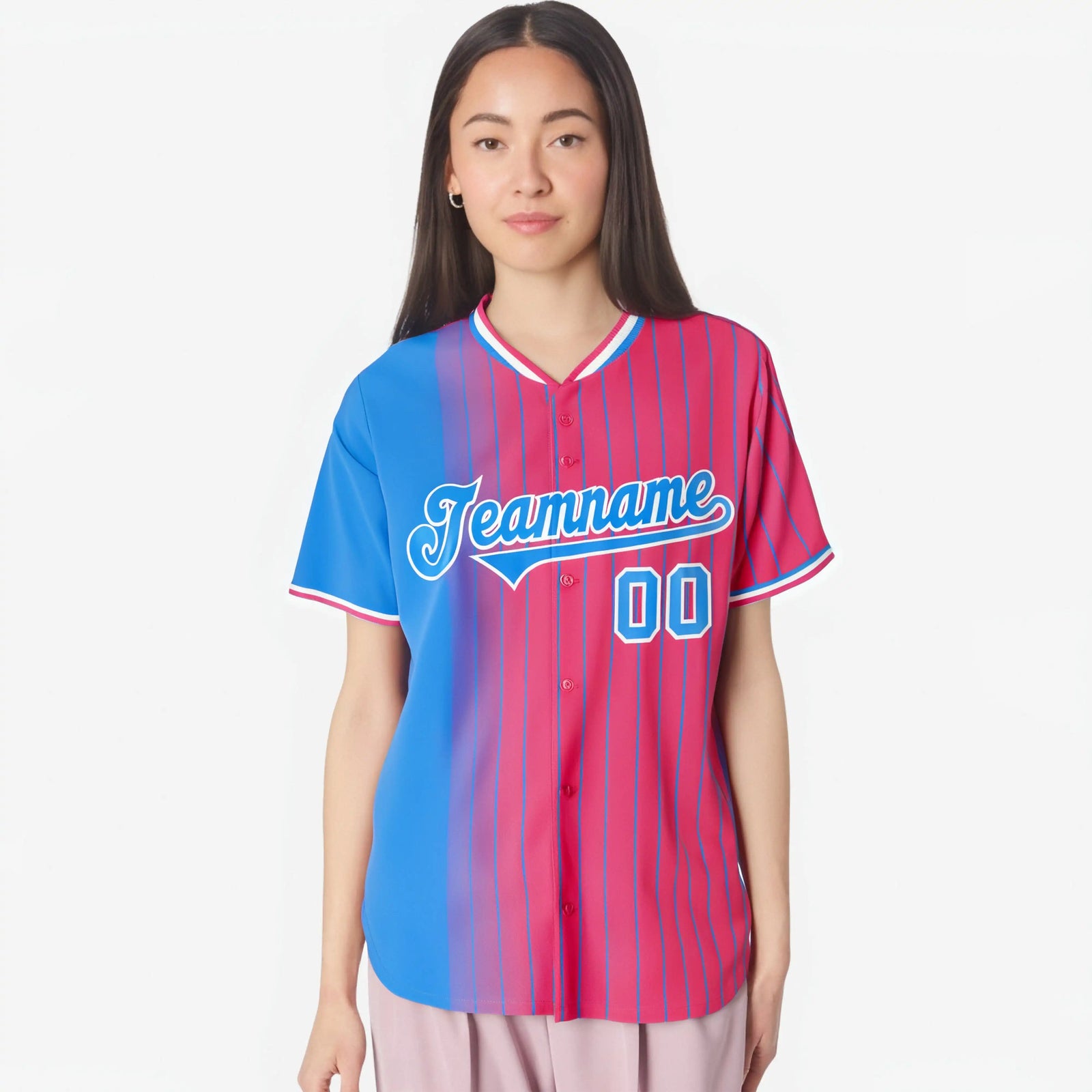 Custom Blue Pink Pinstripe Blue Authentic Baseball Jersey