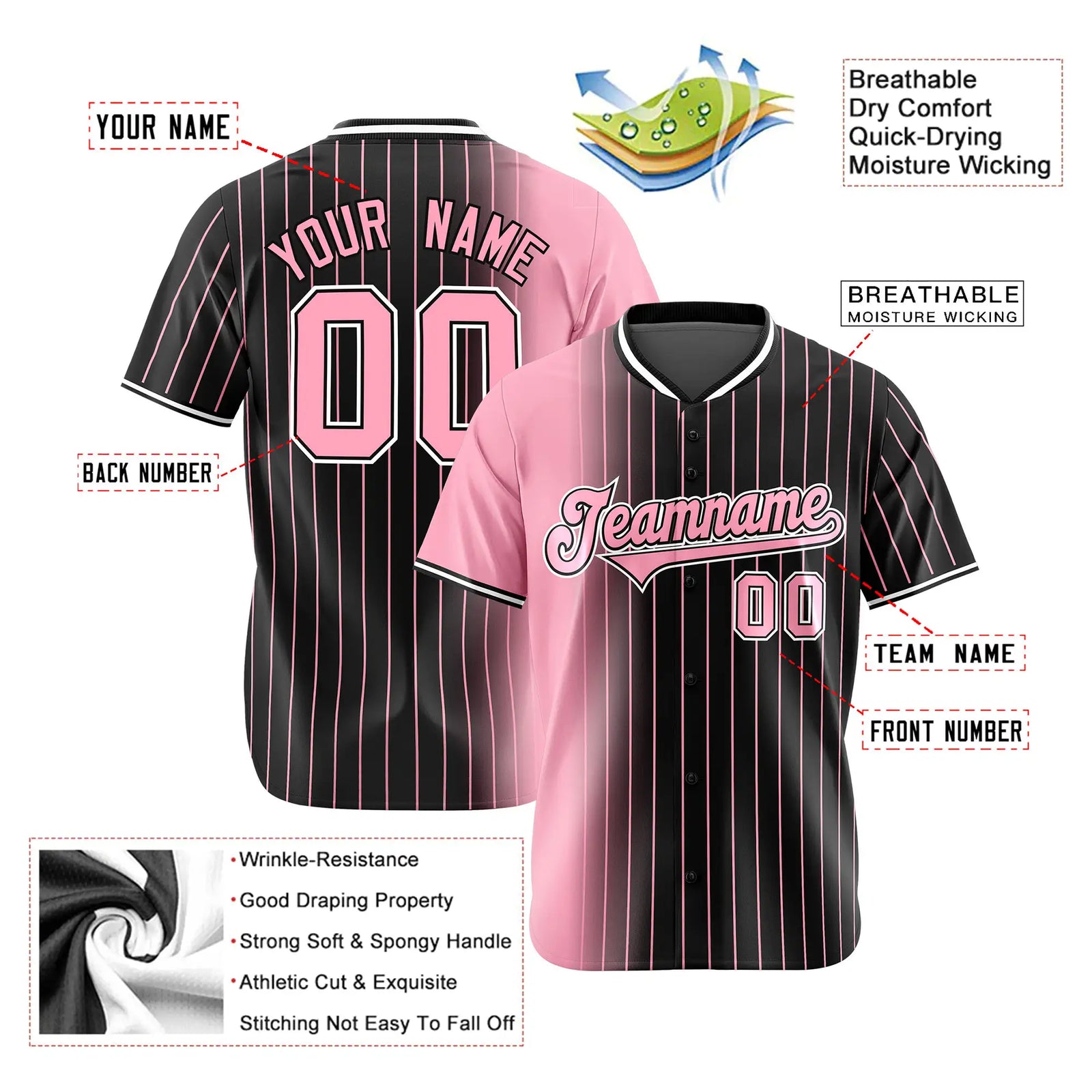 Custom Pink Black Pinstripe Pink Authentic Baseball Jersey