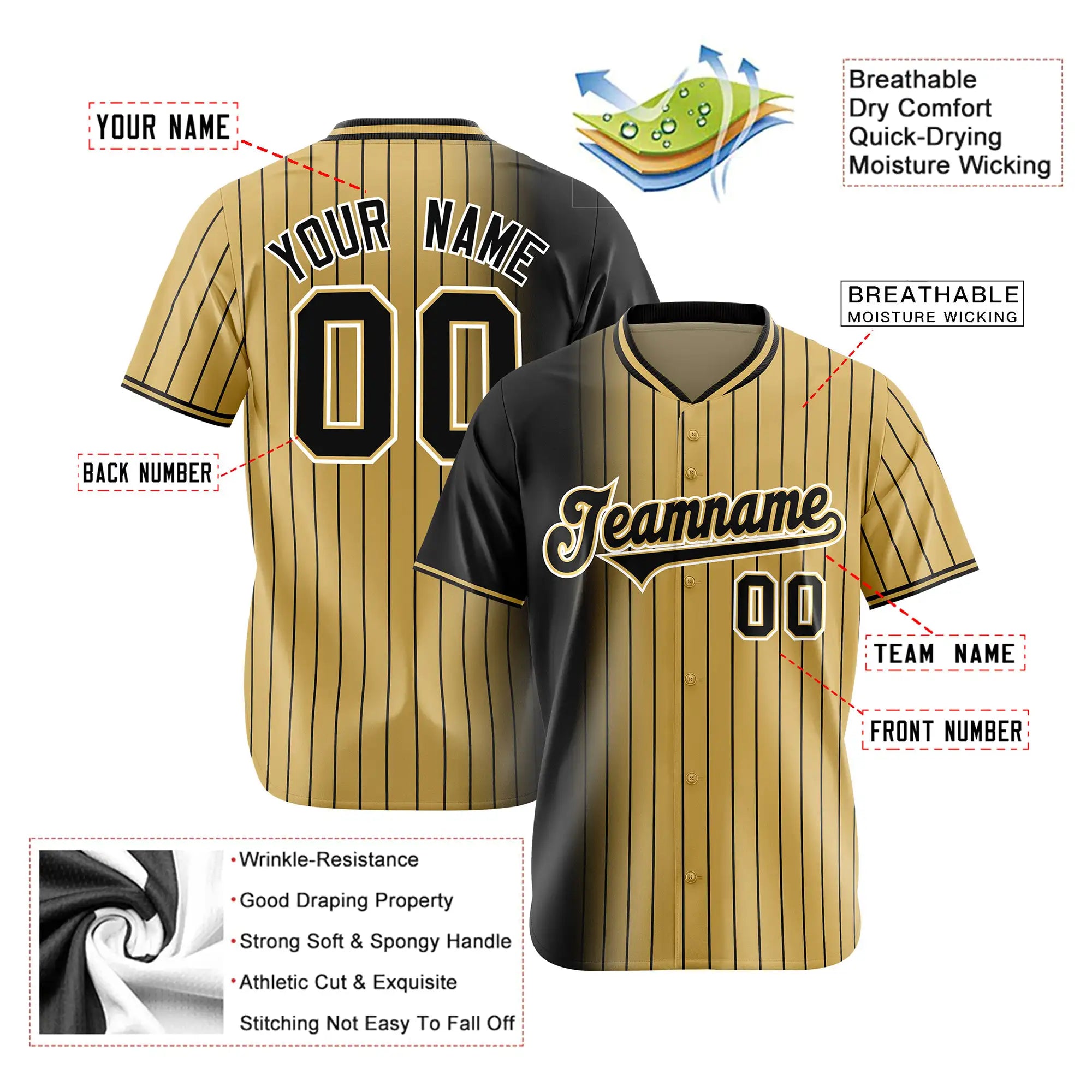 Custom Black Old-Gold Pinstripe Black Authentic Baseball Jersey