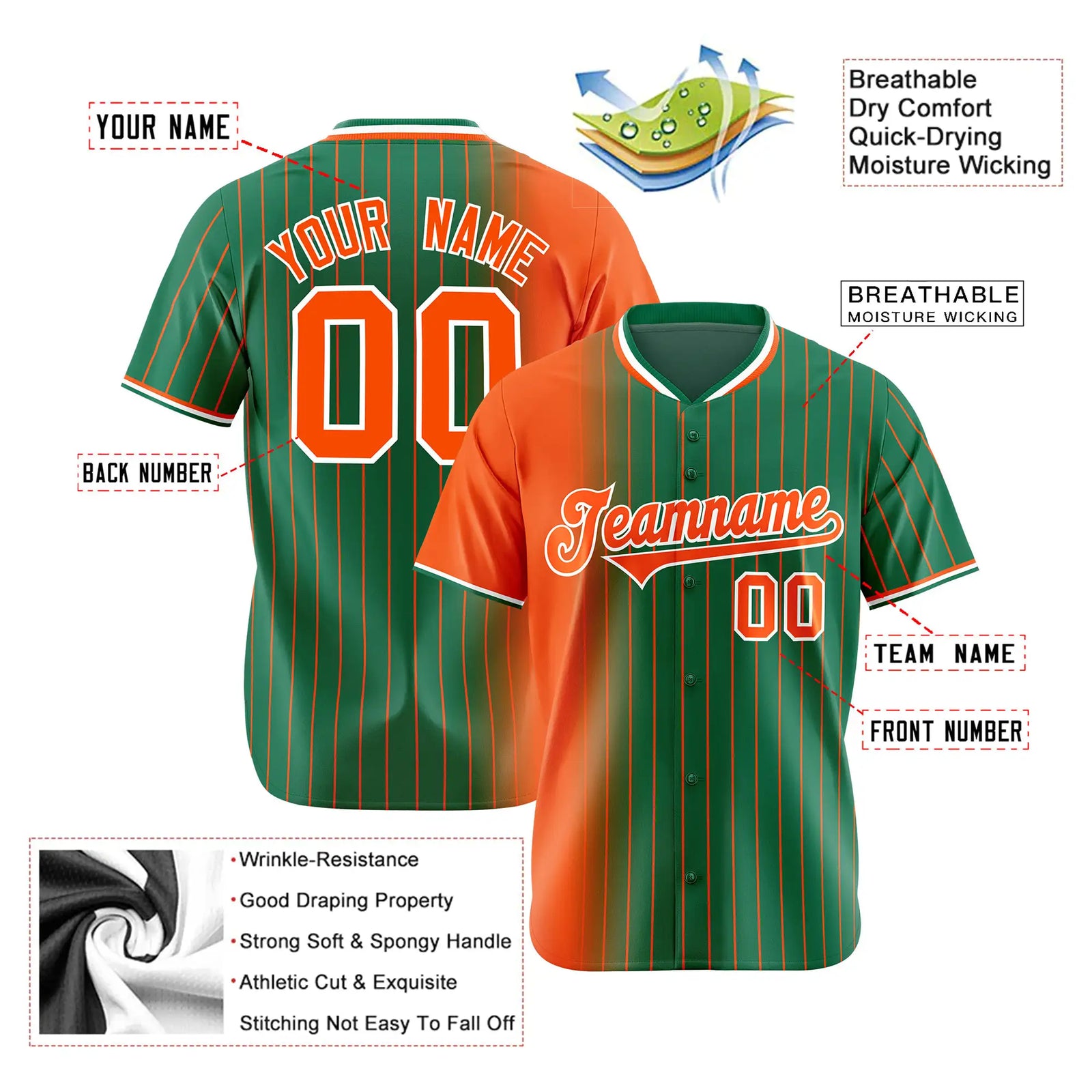Custom Orange Green Pinstripe Orange Authentic Baseball Jersey
