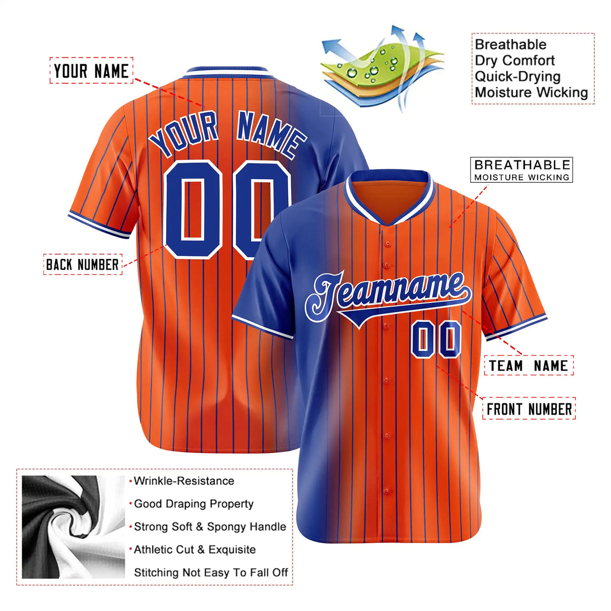 Custom Blue Orange Pinstripe Blue Authentic Baseball Jersey