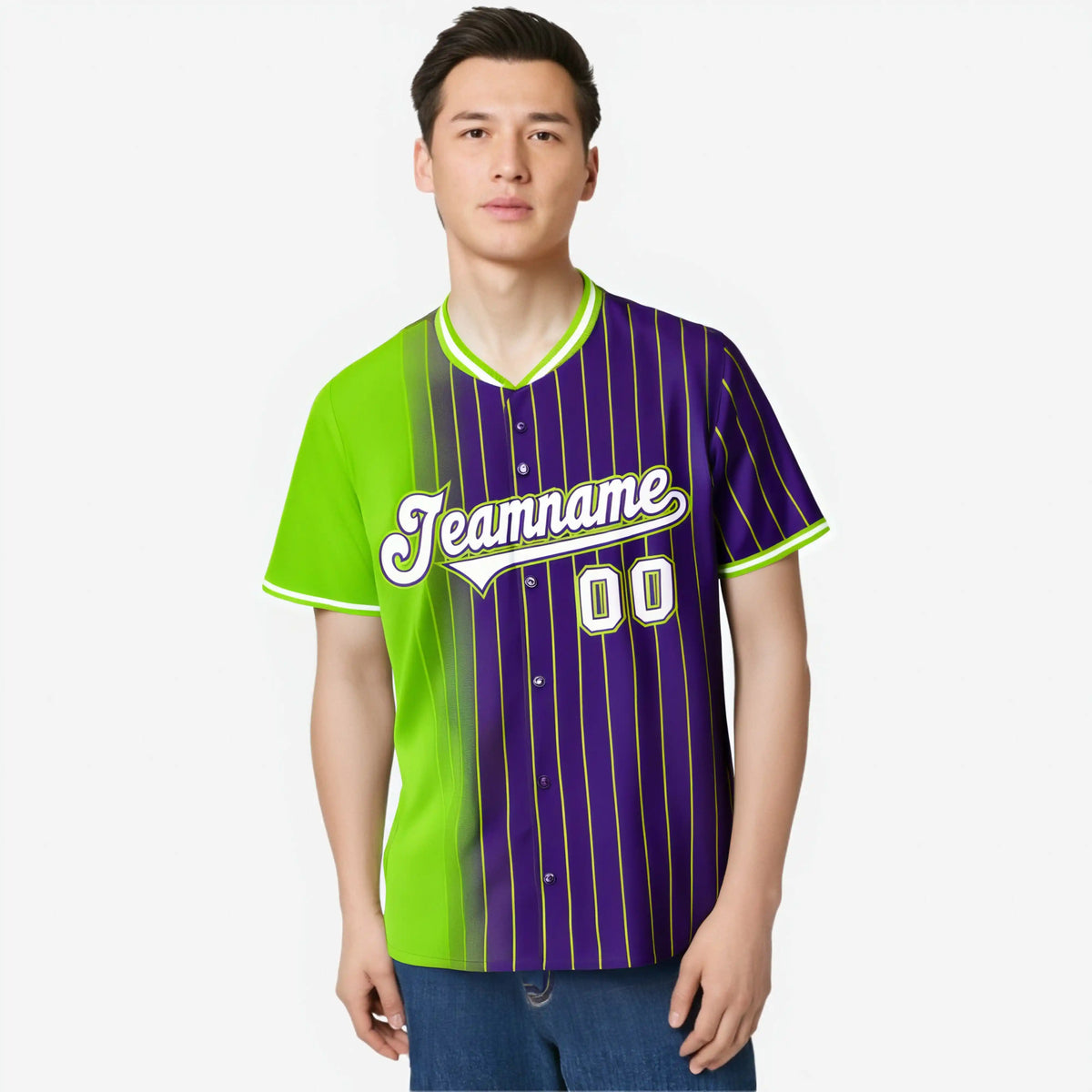 Custom Neon Green Purple Pinstripe White Authentic Baseball Jersey