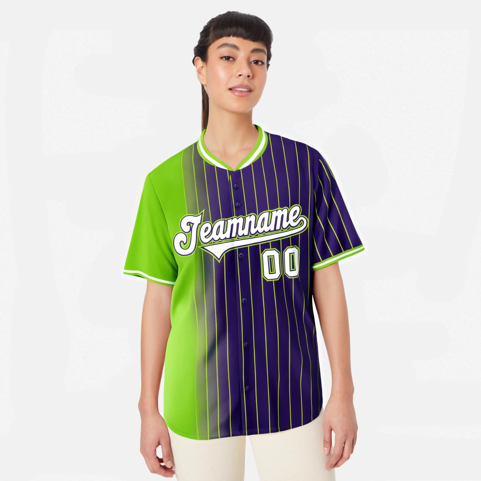 Custom Neon Green Purple Pinstripe White Authentic Baseball Jersey