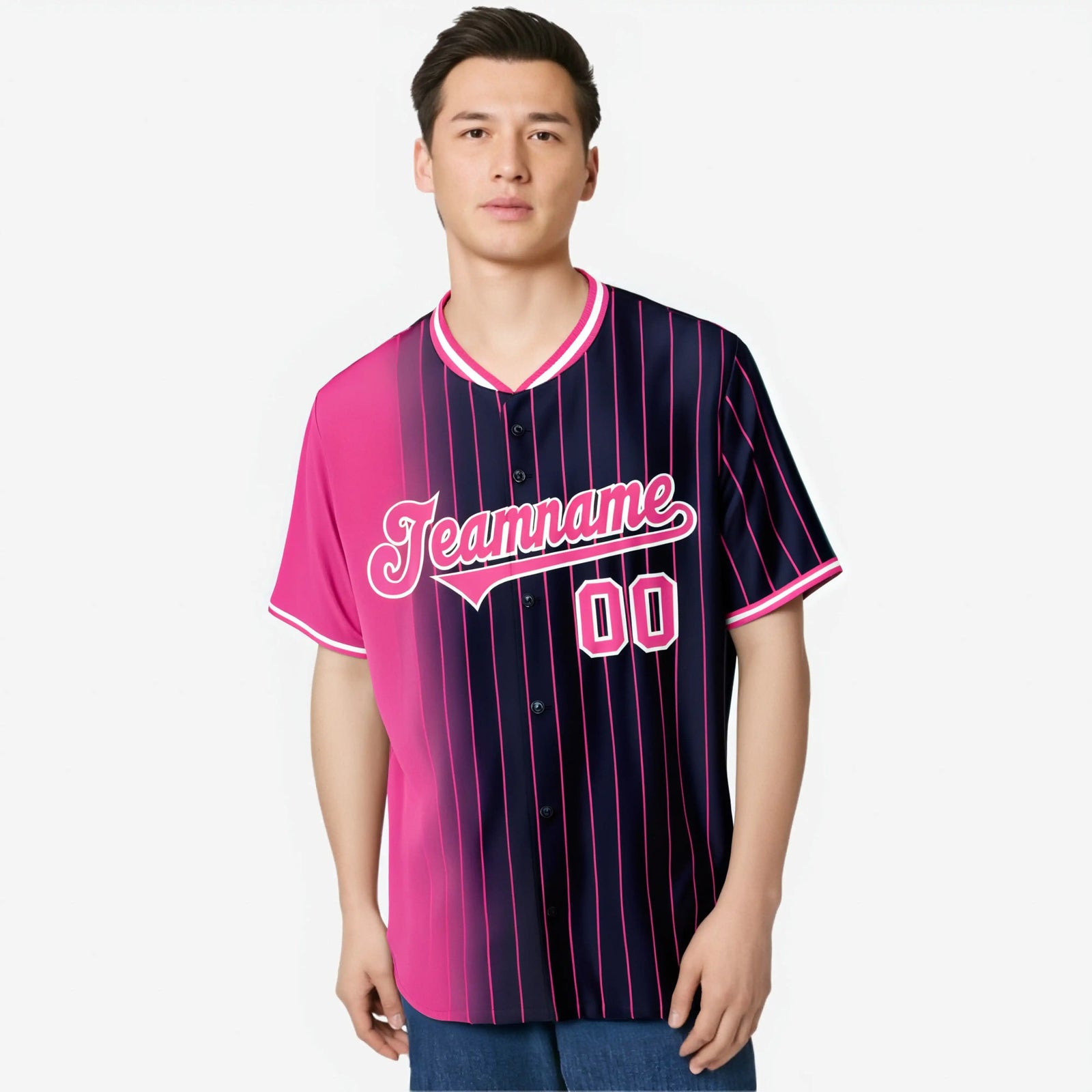 Custom Pink Navy Pinstripe Pink Authentic Baseball Jersey