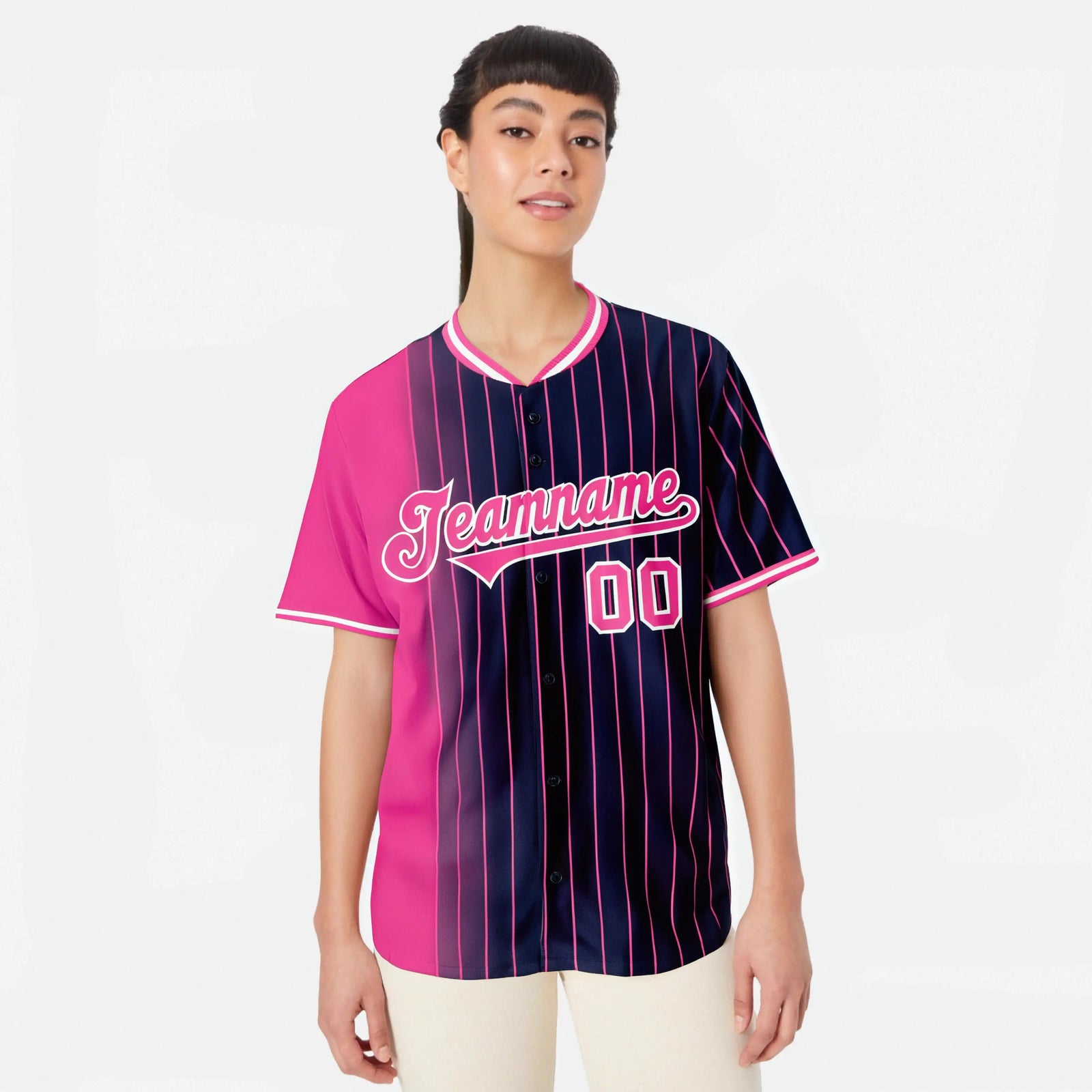 Custom Pink Navy Pinstripe Pink Authentic Baseball Jersey