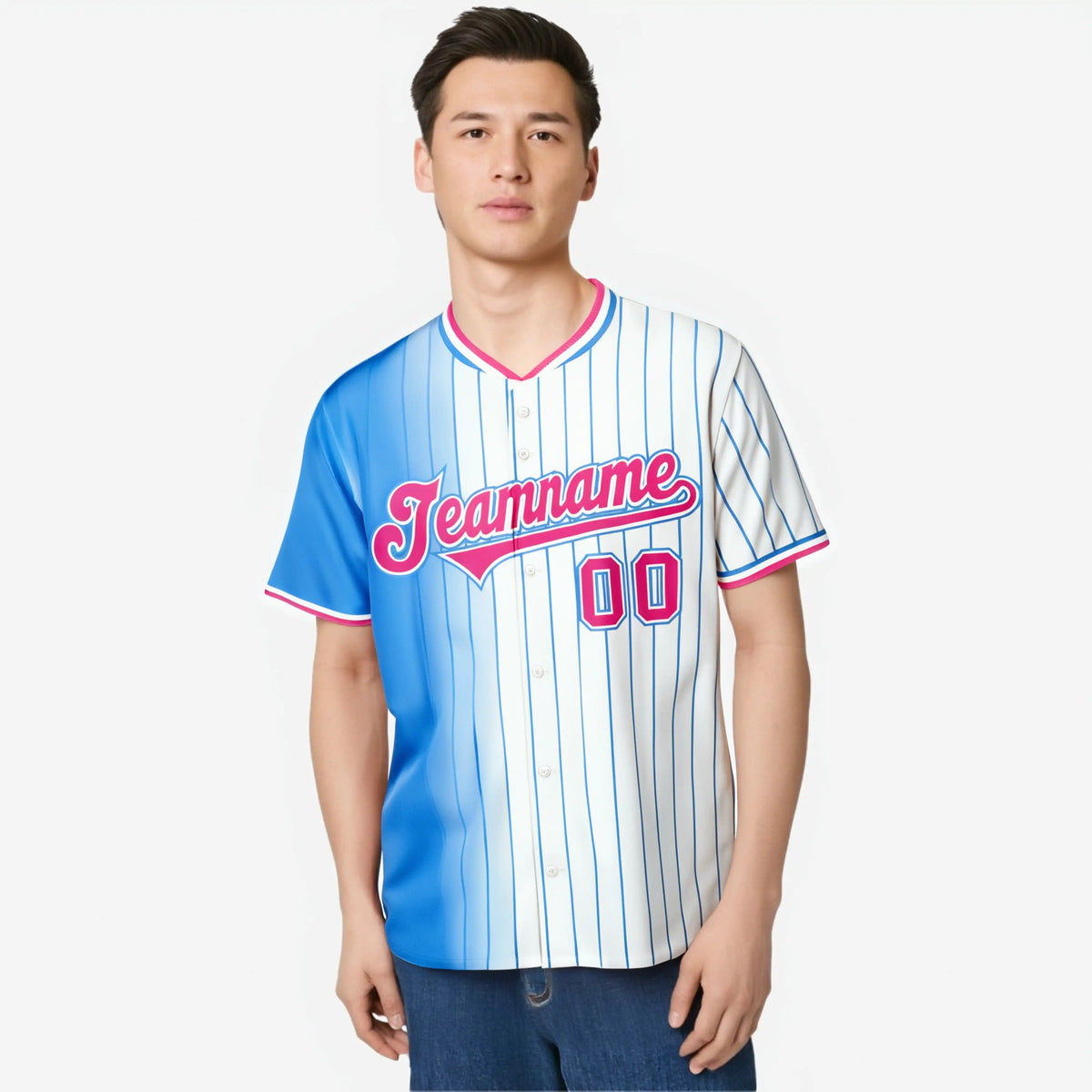 Custom Light-Blue White Pinstripe Pink Authentic Baseball Jersey