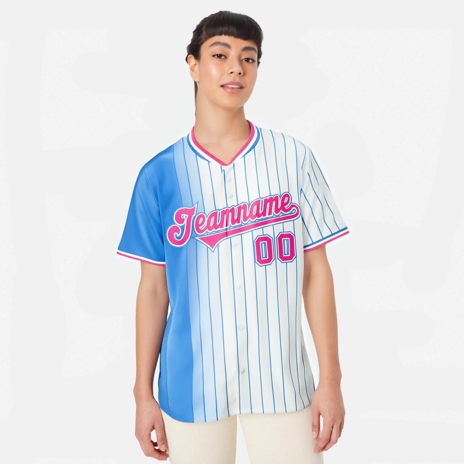 Custom Light-Blue White Pinstripe Pink Authentic Baseball Jersey