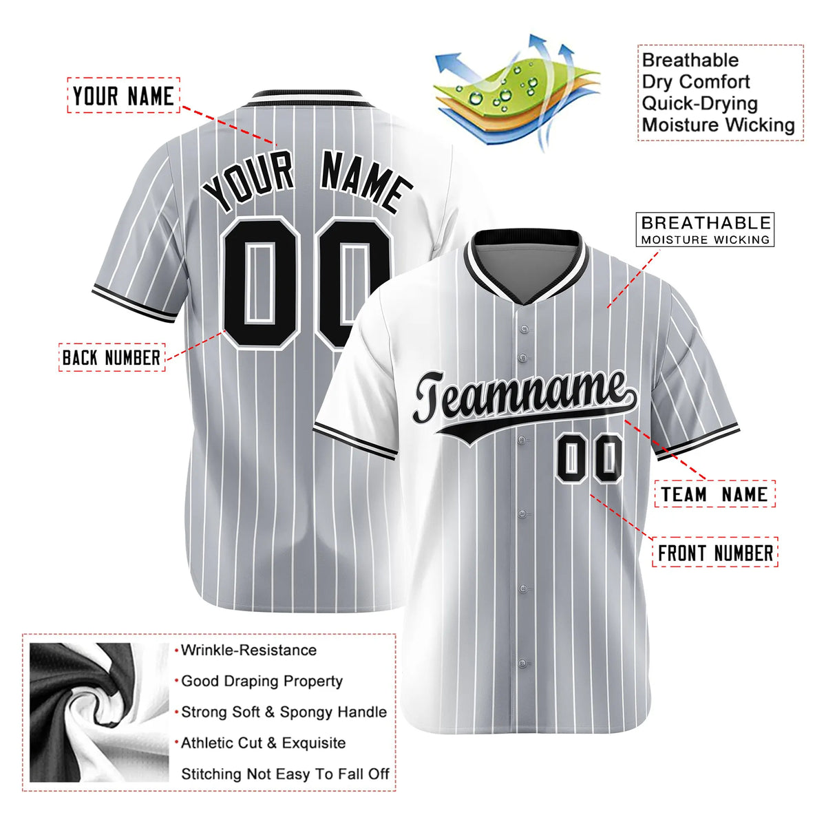 Custom White Gray Pinstripe Black Authentic Baseball Jersey