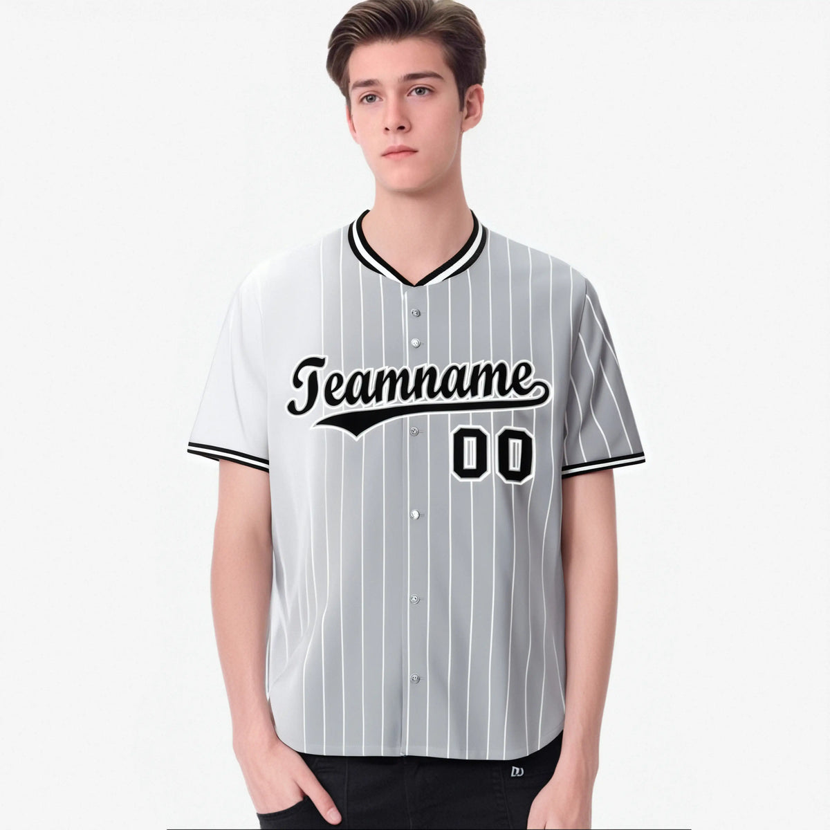 Custom White Gray Pinstripe Black Authentic Baseball Jersey