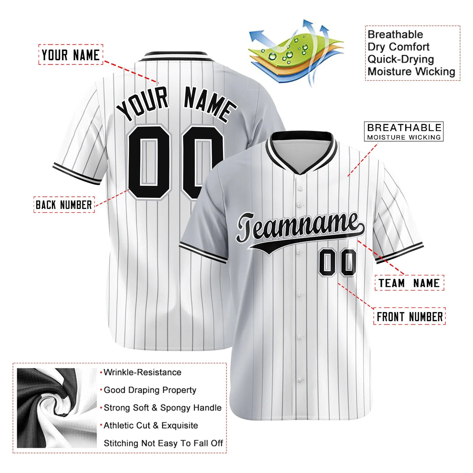 Custom Gray White Pinstripe Black Authentic Baseball Jersey