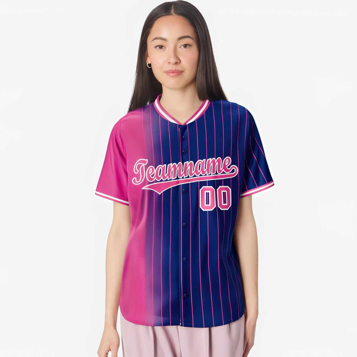 Custom Pink Blue Pinstripe Pink Authentic Baseball Jersey