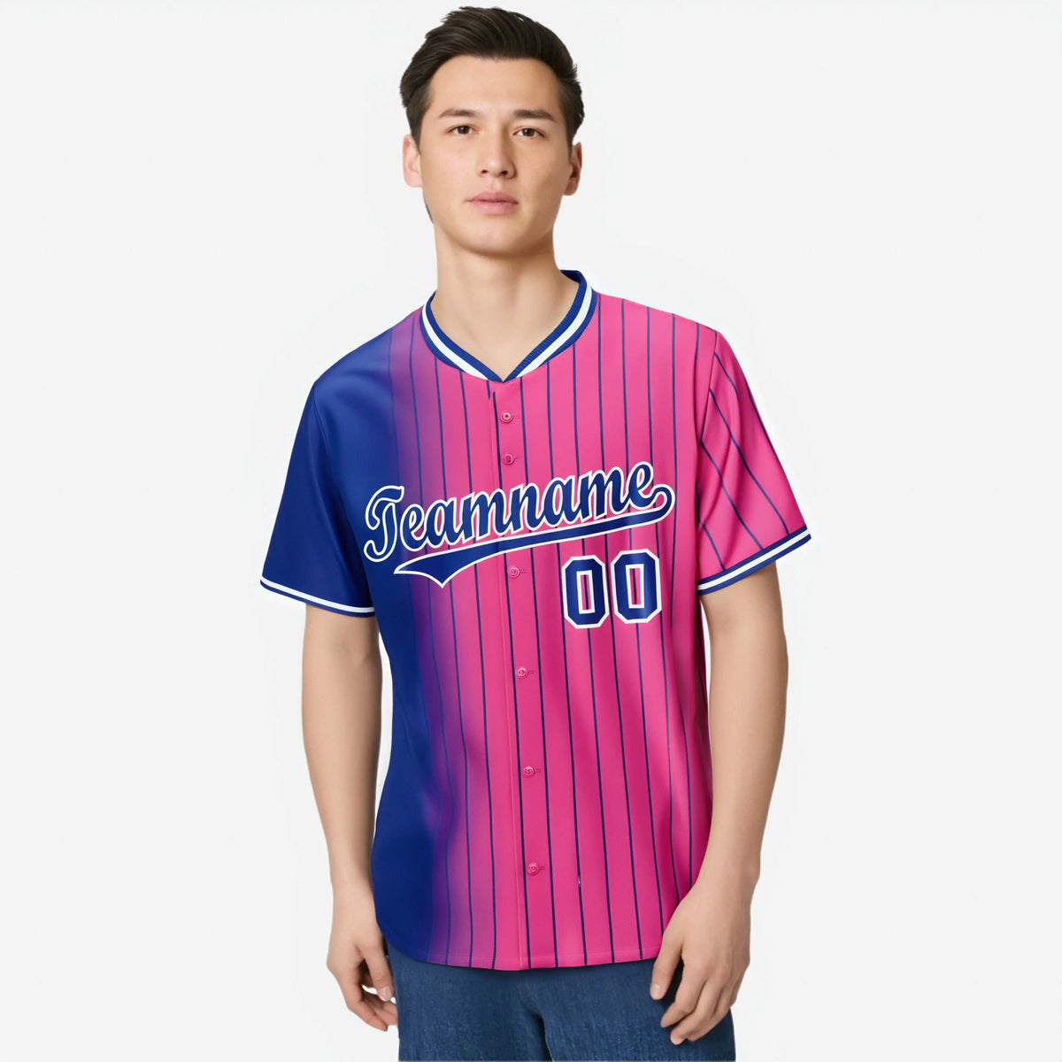 Custom Blue Pink Pinstripe Blue Authentic Baseball Jersey