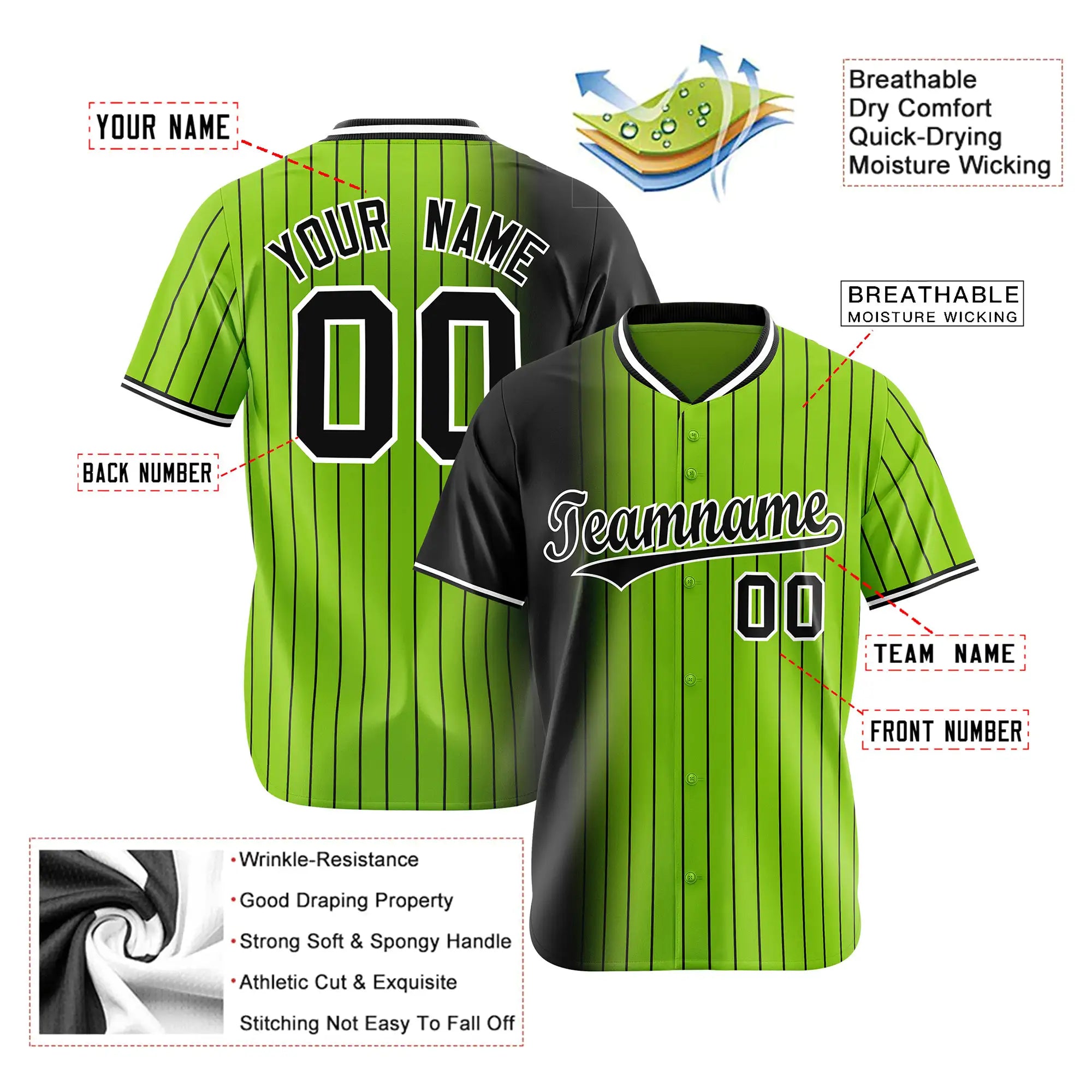 Custom Black Neon-Green Pinstripe Black Authentic Baseball Jersey