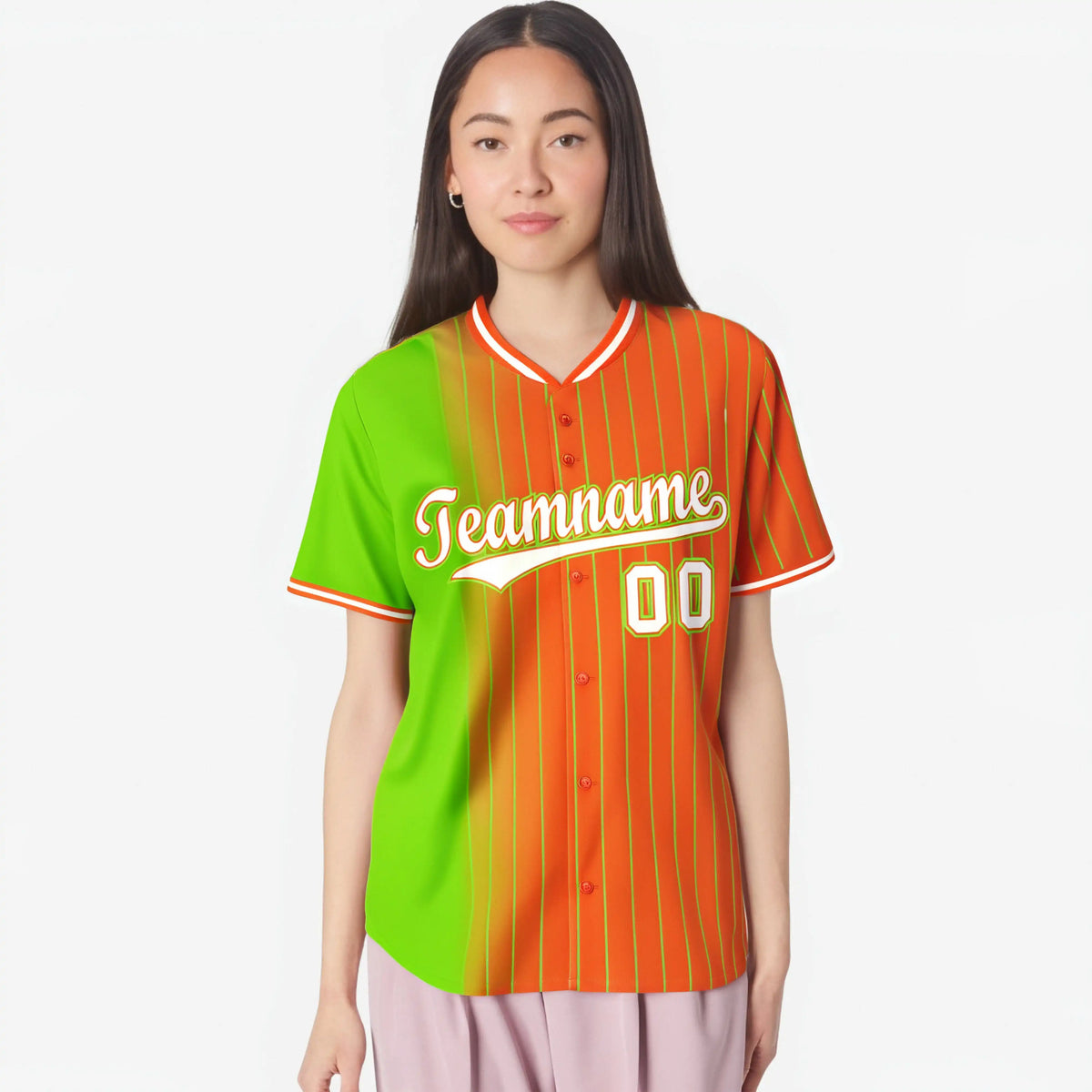 Custom Neon-Green Orange Pinstripe White Authentic Baseball Jersey